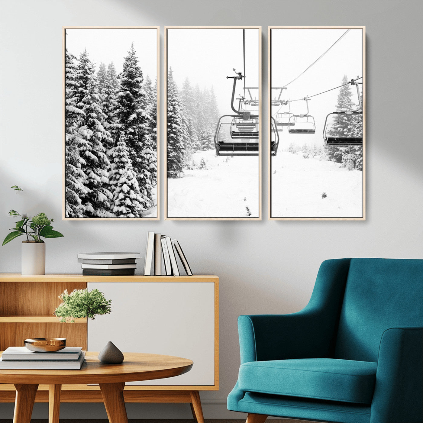 49274-MGV-CV-36X24-Snowy Forest Wall Art Canvas Print, Framed Ski Lift Art Picture Print, Mountain Snow Perfect Minimal Winter Lodge Decor Artwork