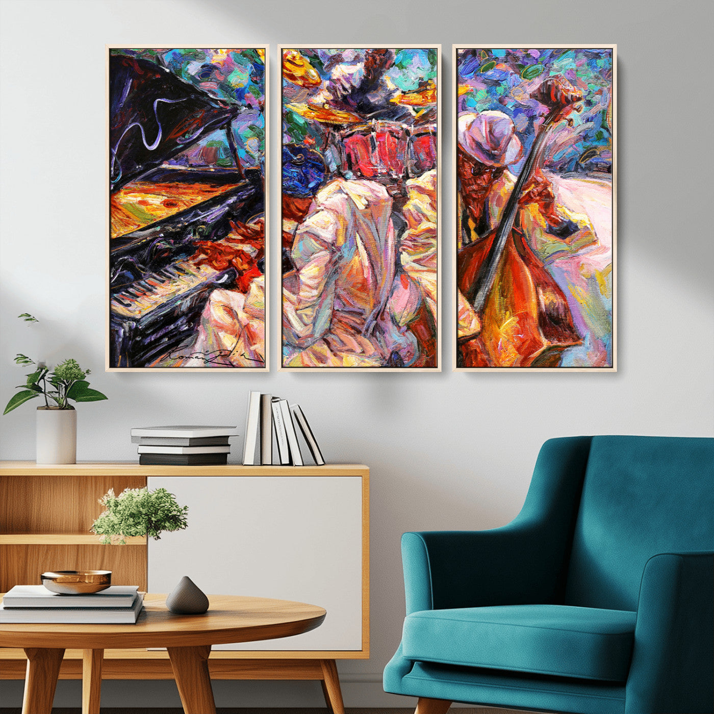 13675-MGV-CV-36X24-Jazz Band Wall Art Canvas Print, Framed Jazz Oil Painting Art Picture Print, Vibrant Music Perfect Abstract Musical Decor Artwork