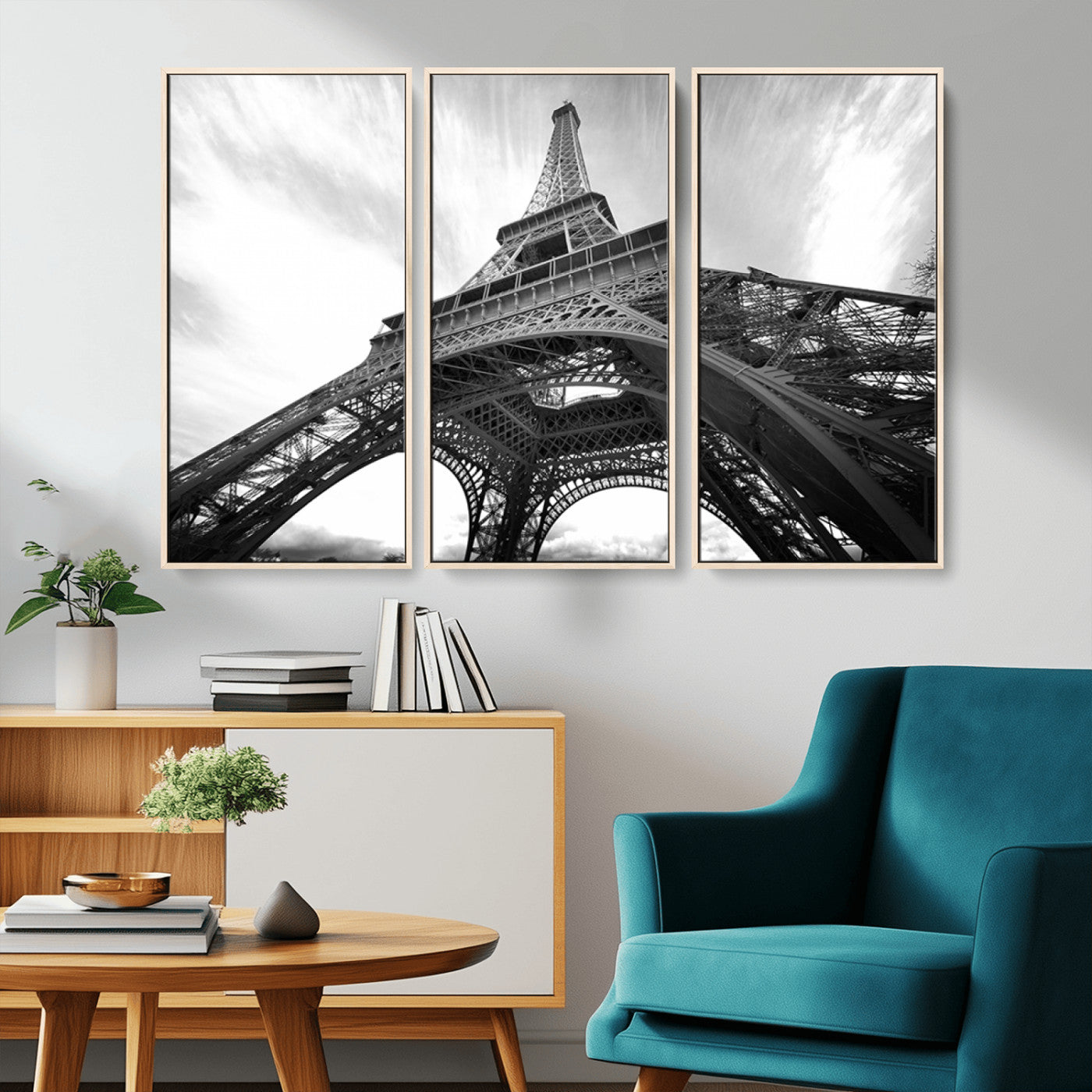 40006-MGV-FC-48X32-3P_Natural-Eiffel Tower Wall Art – Black and White Architectural Photo Print, Paris Inspired Decor for Bedroom, Office, Studio or Modern