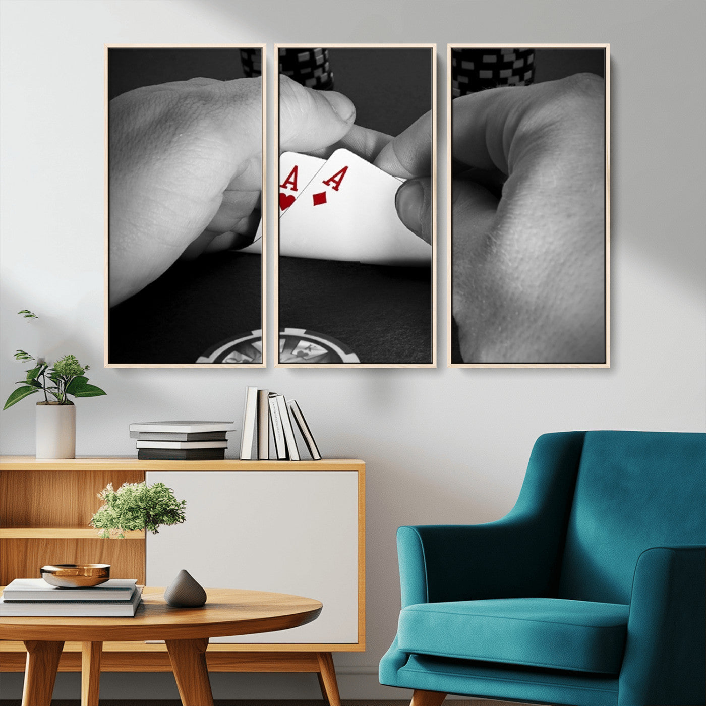 62460-MGV-CV-36X24-Poker Game Wall Art – Close Up of Hands Holding Aces with Chips, Casino Style Decor for Game Room, Man Cave or Office