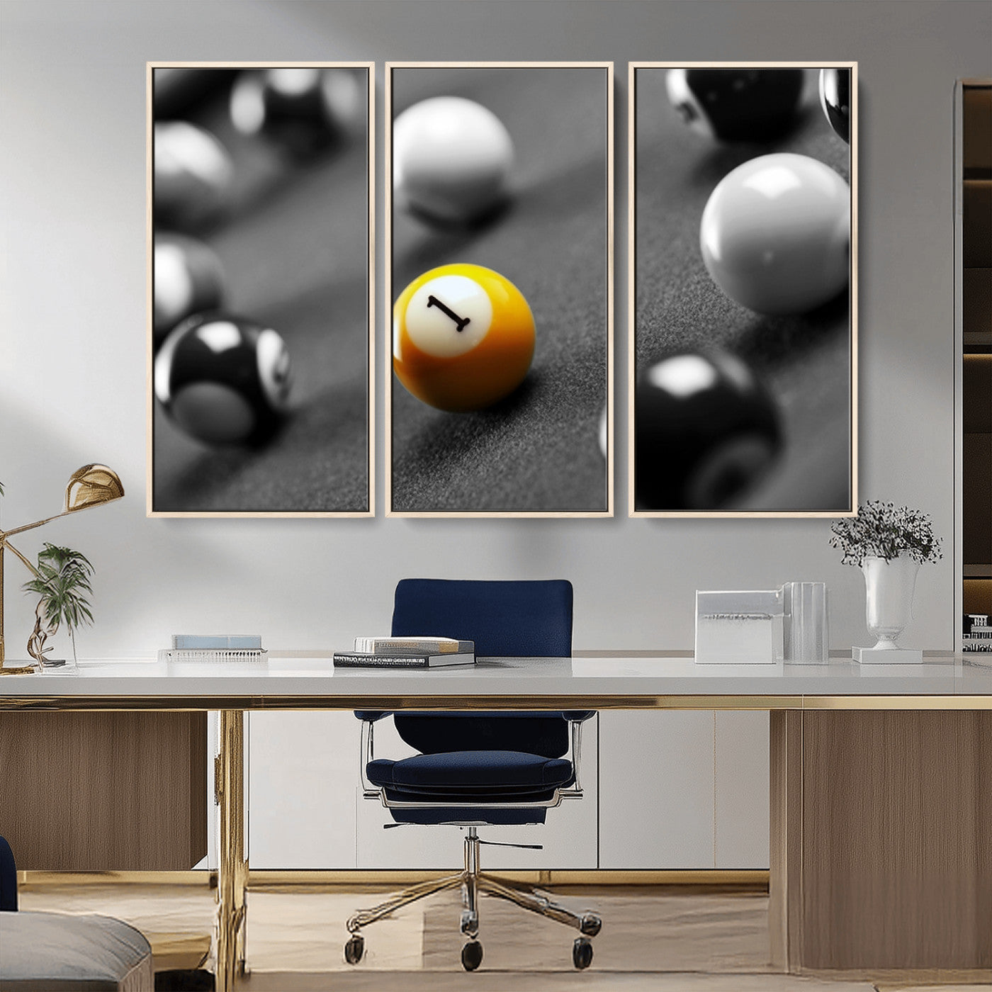 52108-MGV-CV-36X24-Precision Pool Table Wall Art – Close Up Yellow 1 Ball Canvas Print, Hand-Played Billiards Game Decor for Office, Game Room, or