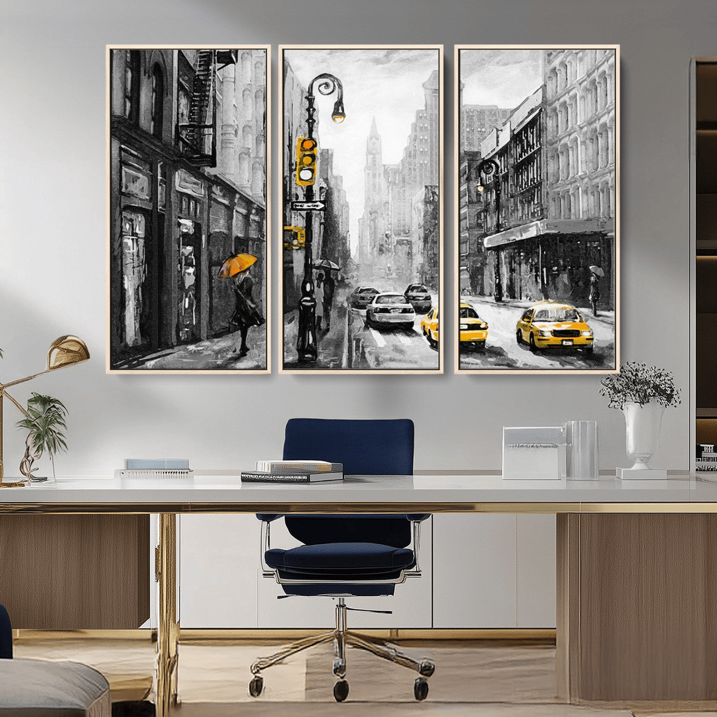 32362-MGV-CV-36X24-NYC Street Wall Art – Black and White Cityscape with Yellow Taxis and Umbrella Canvas Print, Urban Home Decor for Living Room or