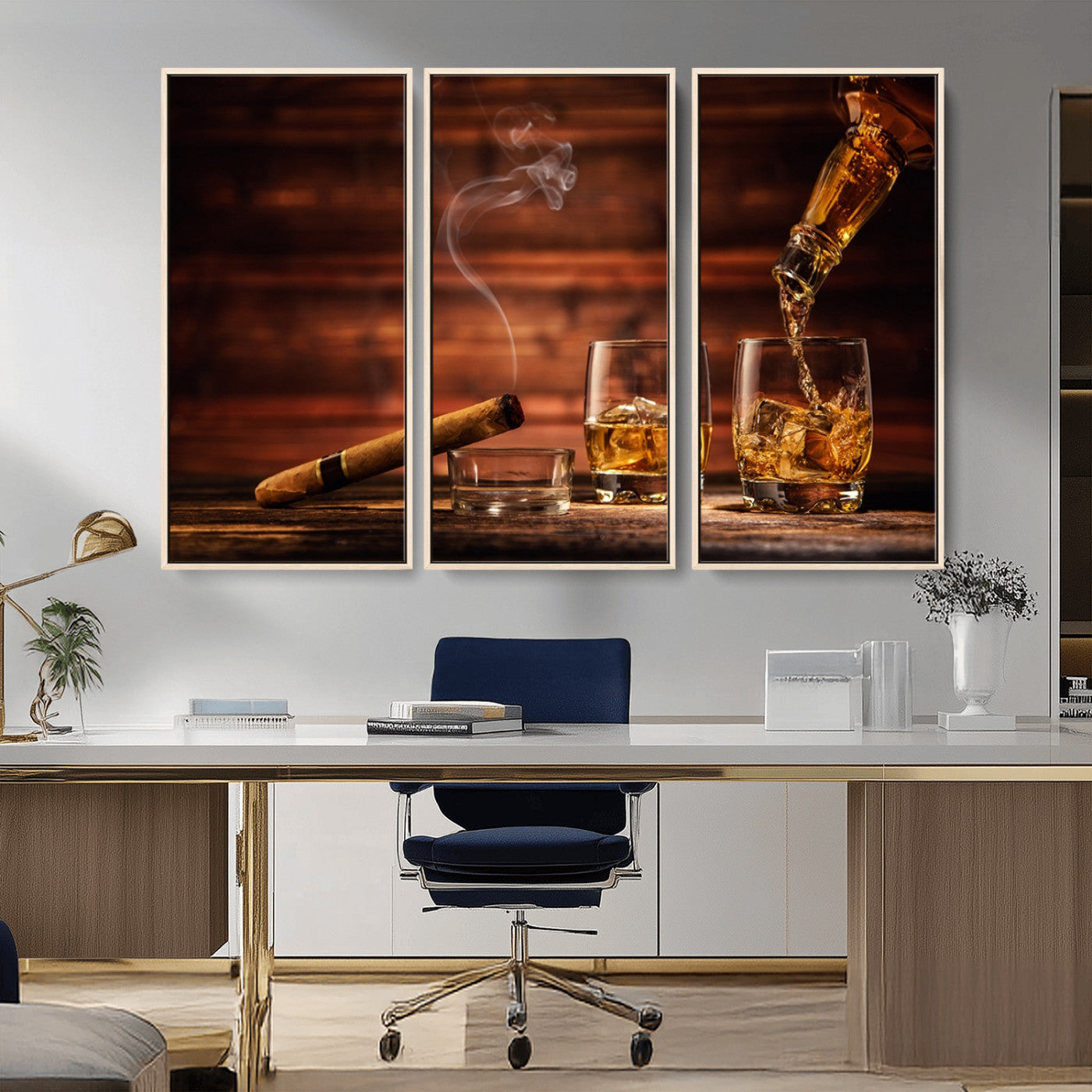 91042-MGV-FC-48X32-3P_Natural-Whiskey & Cigar Wall Art – Elegant Whiskey Pour and Smoldering Cigar Canvas Print, Sophisticated Bar or Lounge Decor for Home,