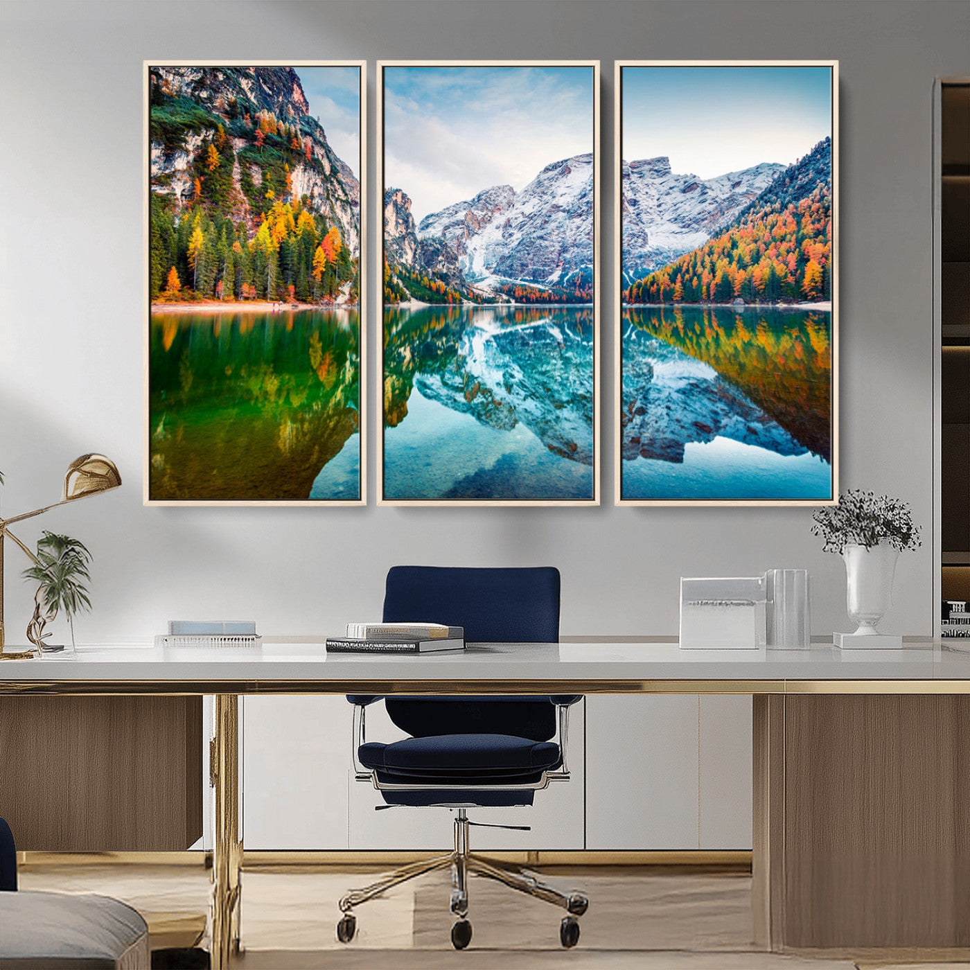 10402-MGV-CV-36X24-Snowy Mountain Lake Wall Art – Autumn Landscape Canvas Print with Reflection, Nature Decor for Living Room, Office, Bedroom or