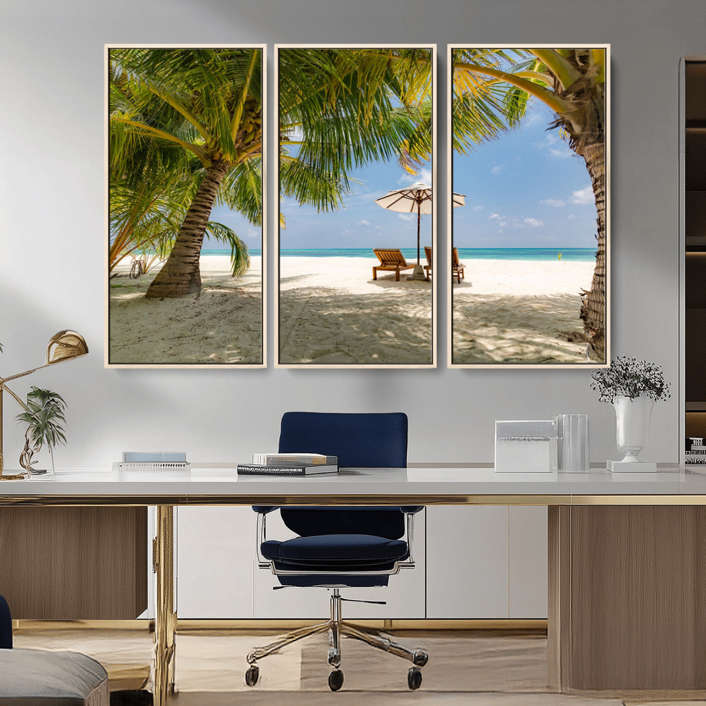 83601-MGV-CV-36X24-Tropical Beach Wall Art – Serene Palm Trees and Lounge Chairs Canvas Print, Relaxing Coastal Decor for Living Room, Bedroom or