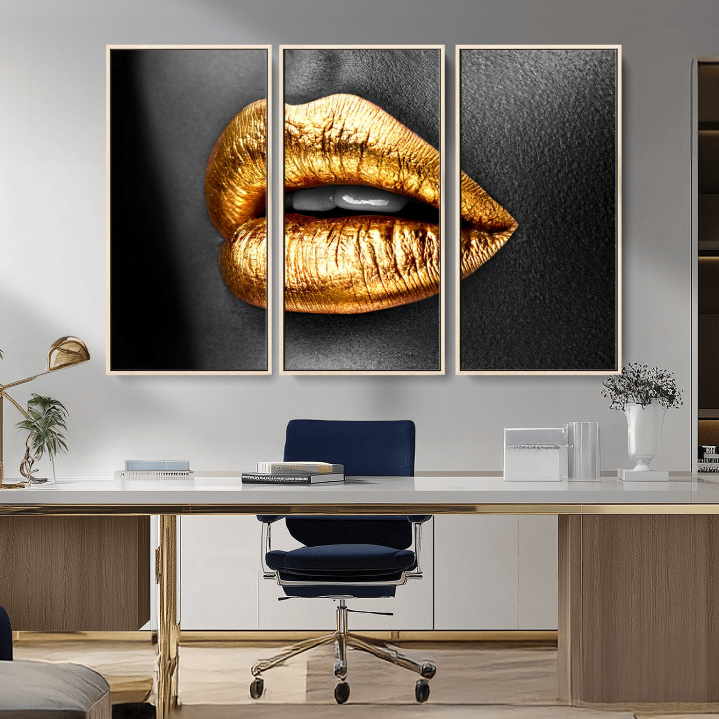 84747-MGV-CV-36X24-Golden Lips Black & White Portrait – Glamorous Metallic Lip Art Print, Modern Wall Decor for Bedroom, Beauty & Fashion Lover Gift