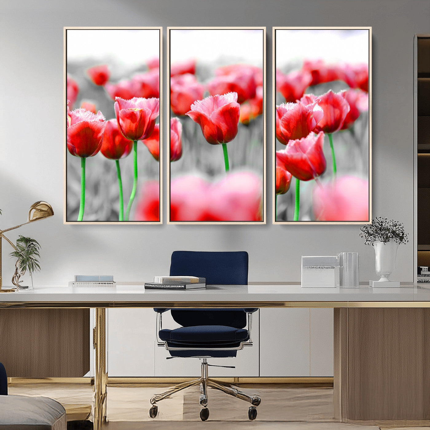 44554-MGV-CV-36X24-Vibrant red tulips stand out beautifully against a black-and-white background, making a striking decor piece perfect for any home