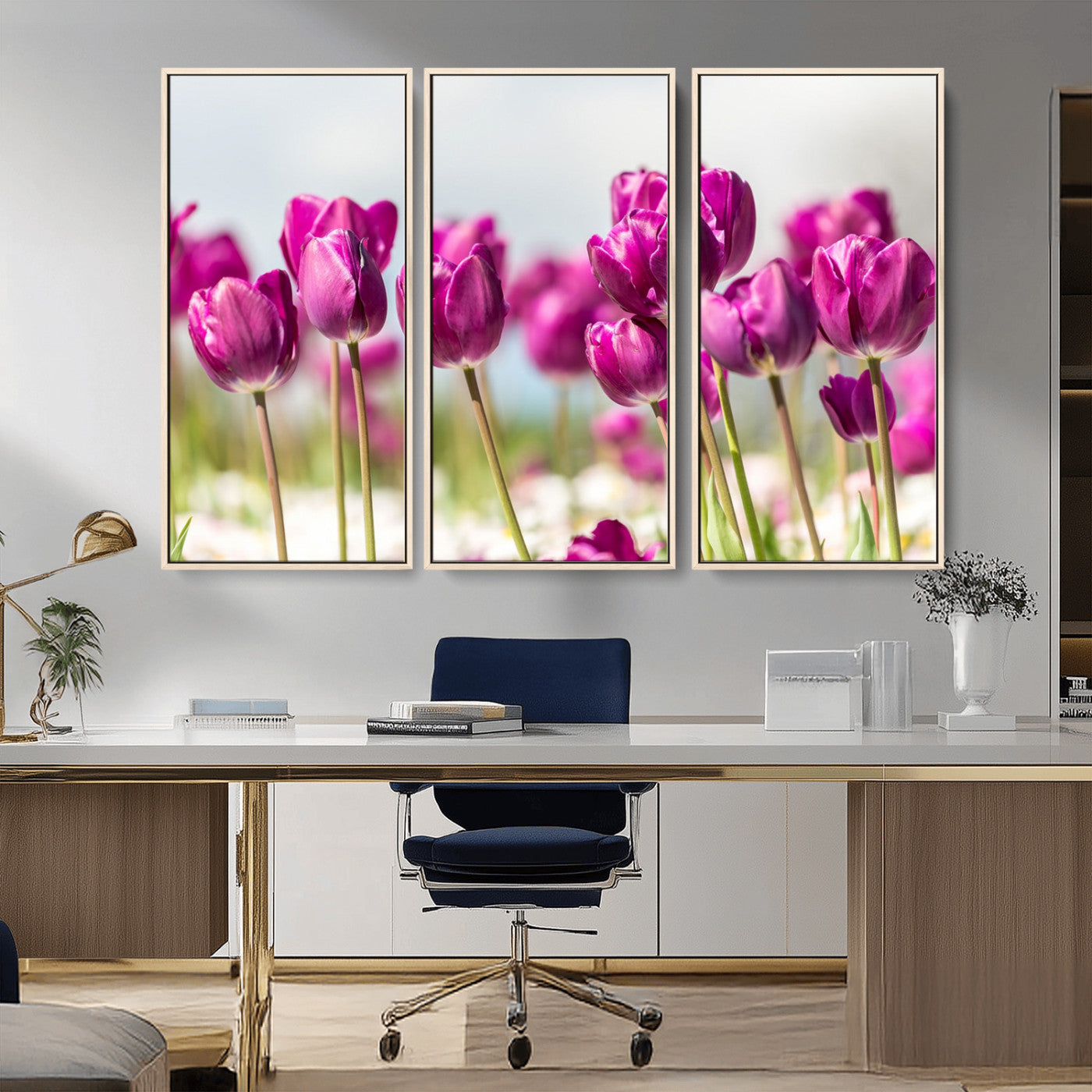 30632-MGV-CV-36X24-Purple Tulip Field Wall Art – Beautiful Spring Flowers Canvas Print with Soft Focus and Bright Sky, Ideal Floral Decor for Home or