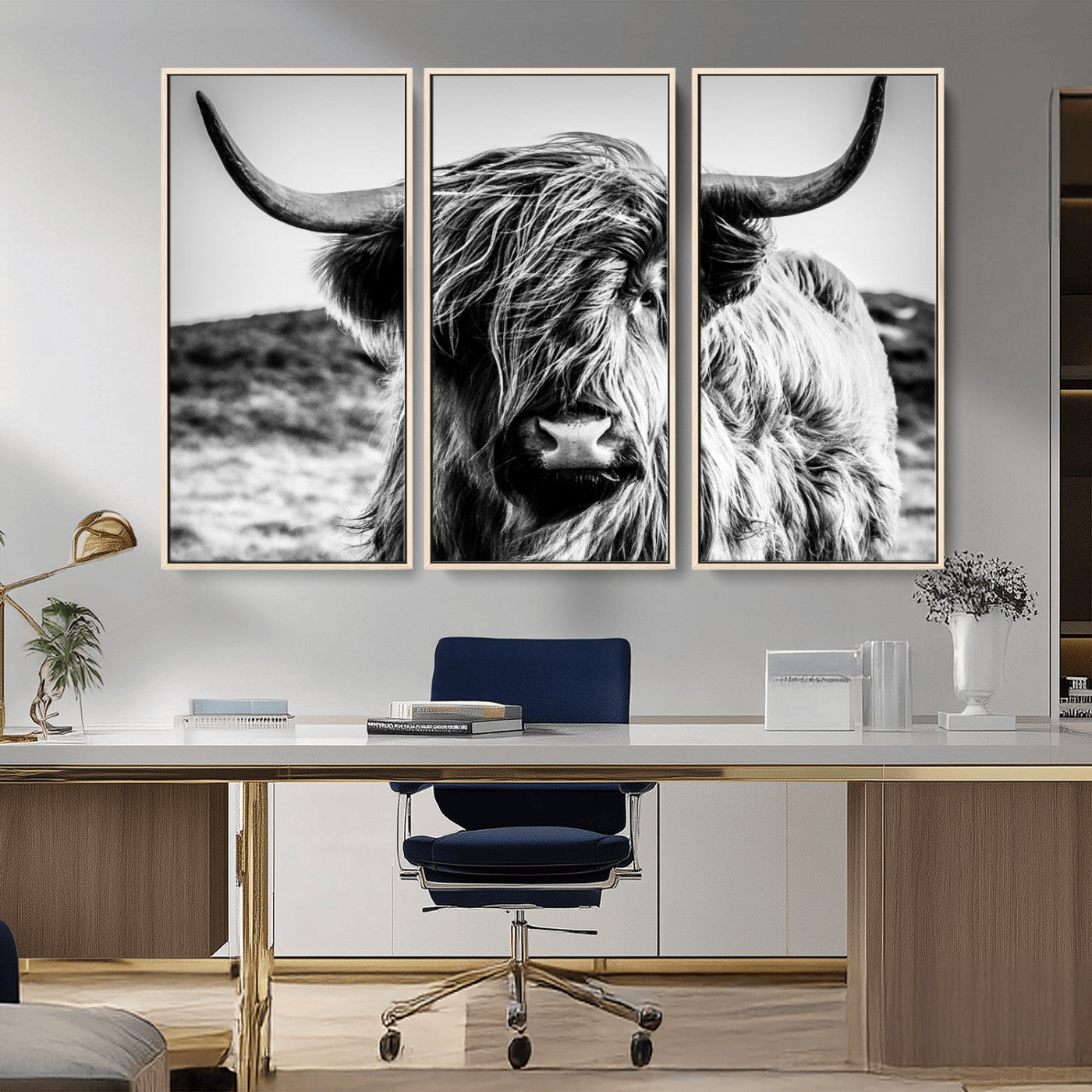 36979-MGV-CV-36X24-Striking black-and-white portrait of a Highland cow with flowing fur and majestic horns, perfect for rustic and elegant home or