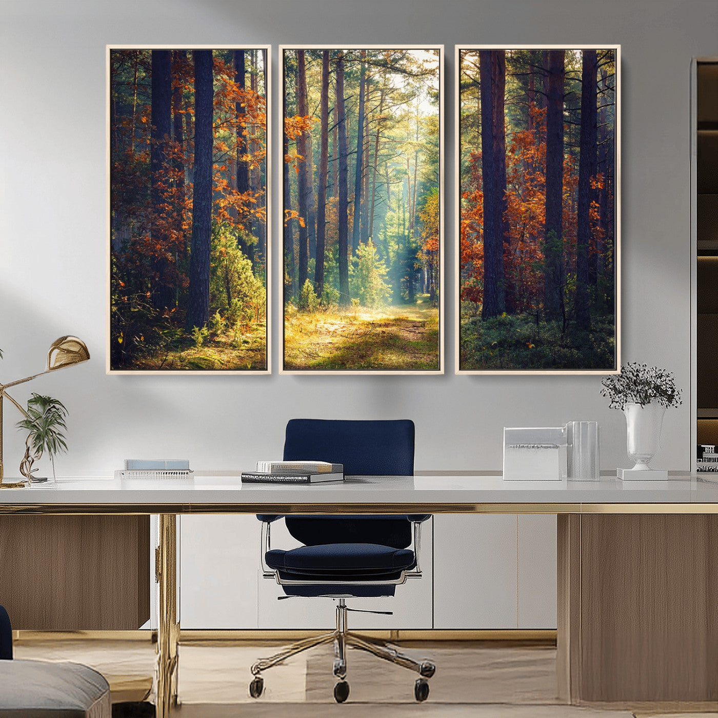 86249-MGV-CV-36X24-Sunlit Autumn Forest Path Wall Art – Peaceful Nature Scene with Fall Foliage, Calming Woods Decor for Home or Office