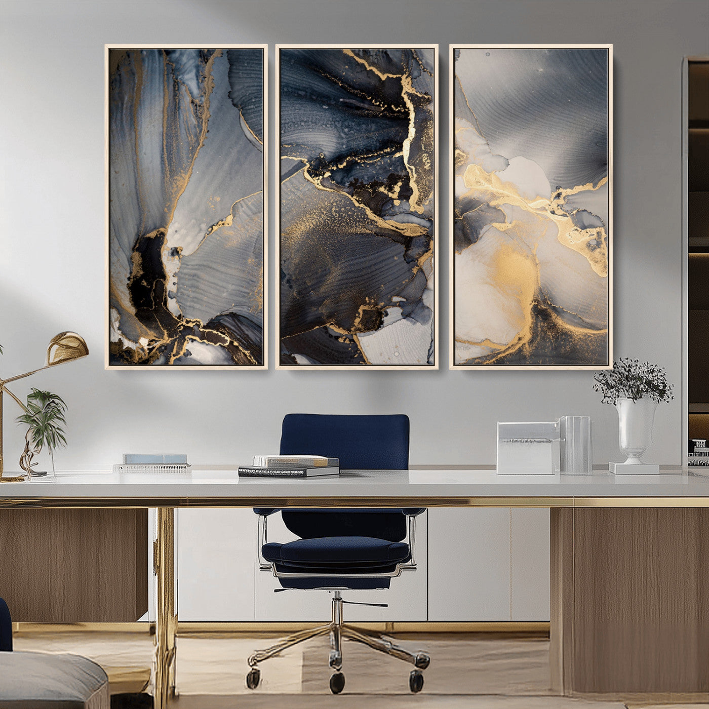 24068-MGV-CV-36X24-Luxury Abstract Wall Art – Gold & Gray Fluid Ink Painting Canvas, Modern Metallic Home Decor, Elegant Office or Living Room Accent