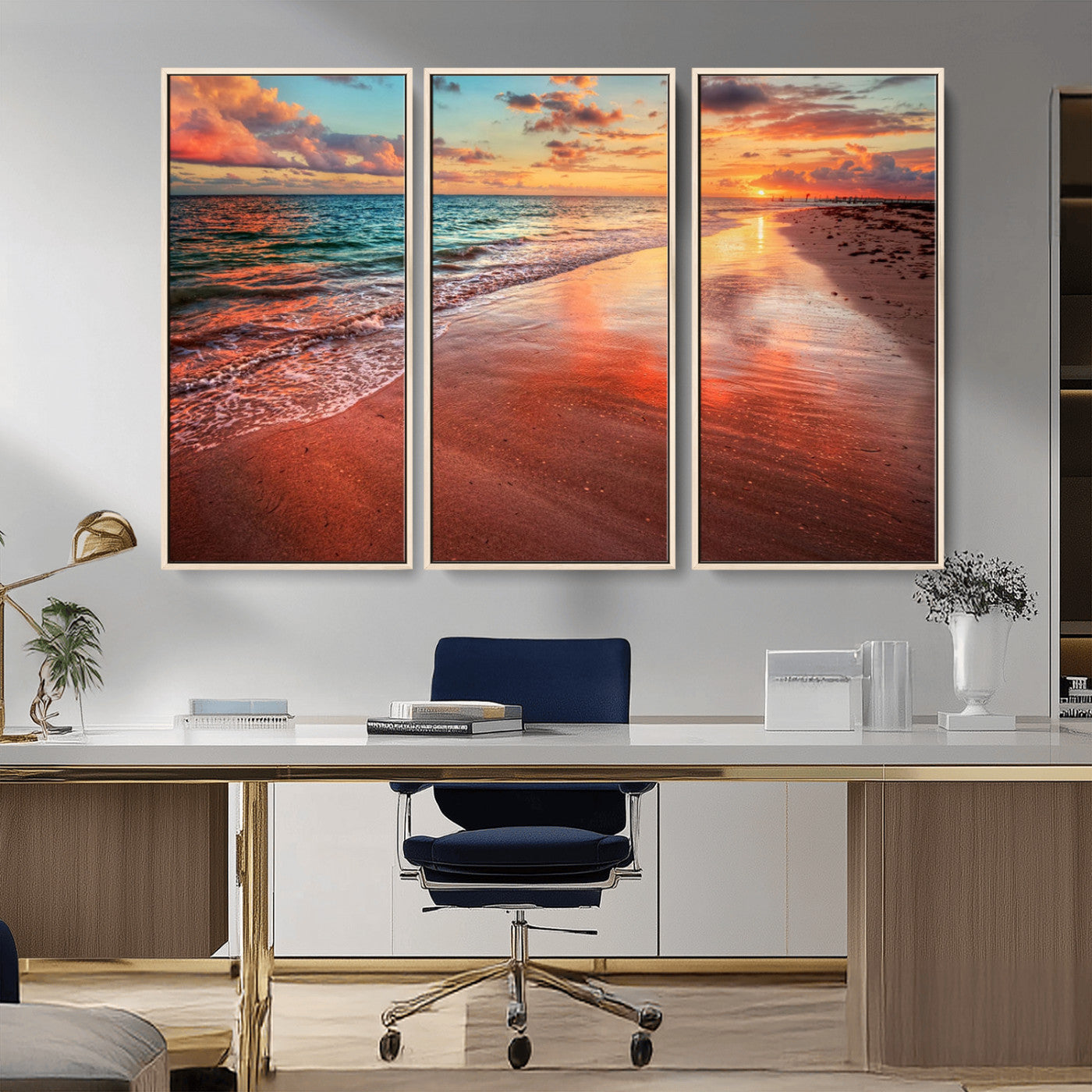 77723-MGV-FC-48X32-3P_Natural-Sunset Beach Wall Art – Vibrant Ocean Canvas Print, Coastal Landscape Decor for Living Room, Bedroom or Office, Relaxing Tropical