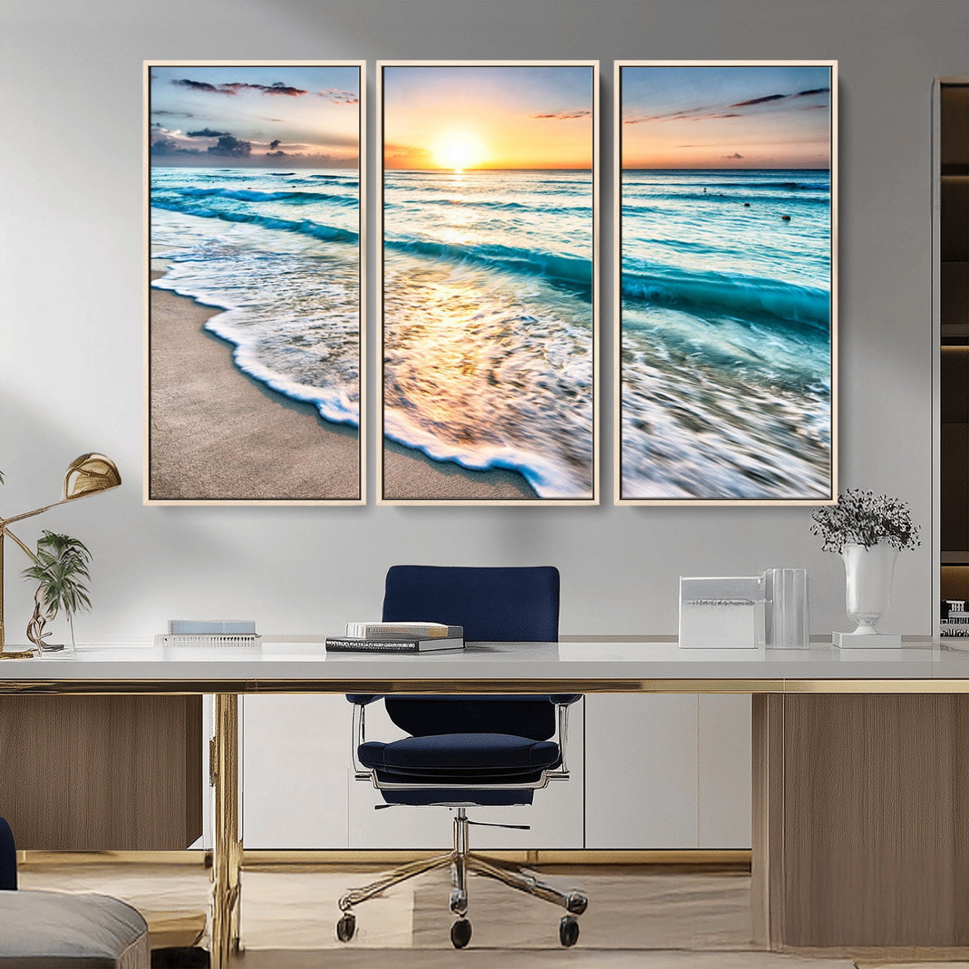 27815-MGV-CV-36X24-Ocean Sunrise Beach Wall Art – Serene Coastal Canvas Print with Waves and Golden Morning Light, Relaxing Seascape Decor for