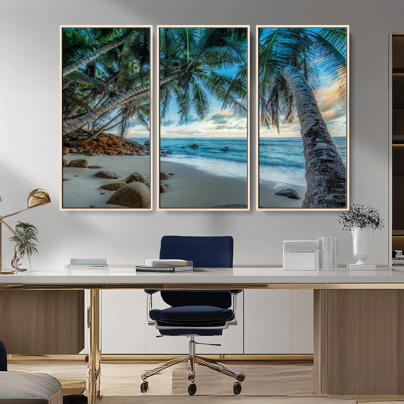 39679-MGV-CV-36X24-Tropical Palm Beach Wall Art – Serene Ocean Canvas Print with Palm Trees and Rocks, Coastal Paradise Decor for Living Room or