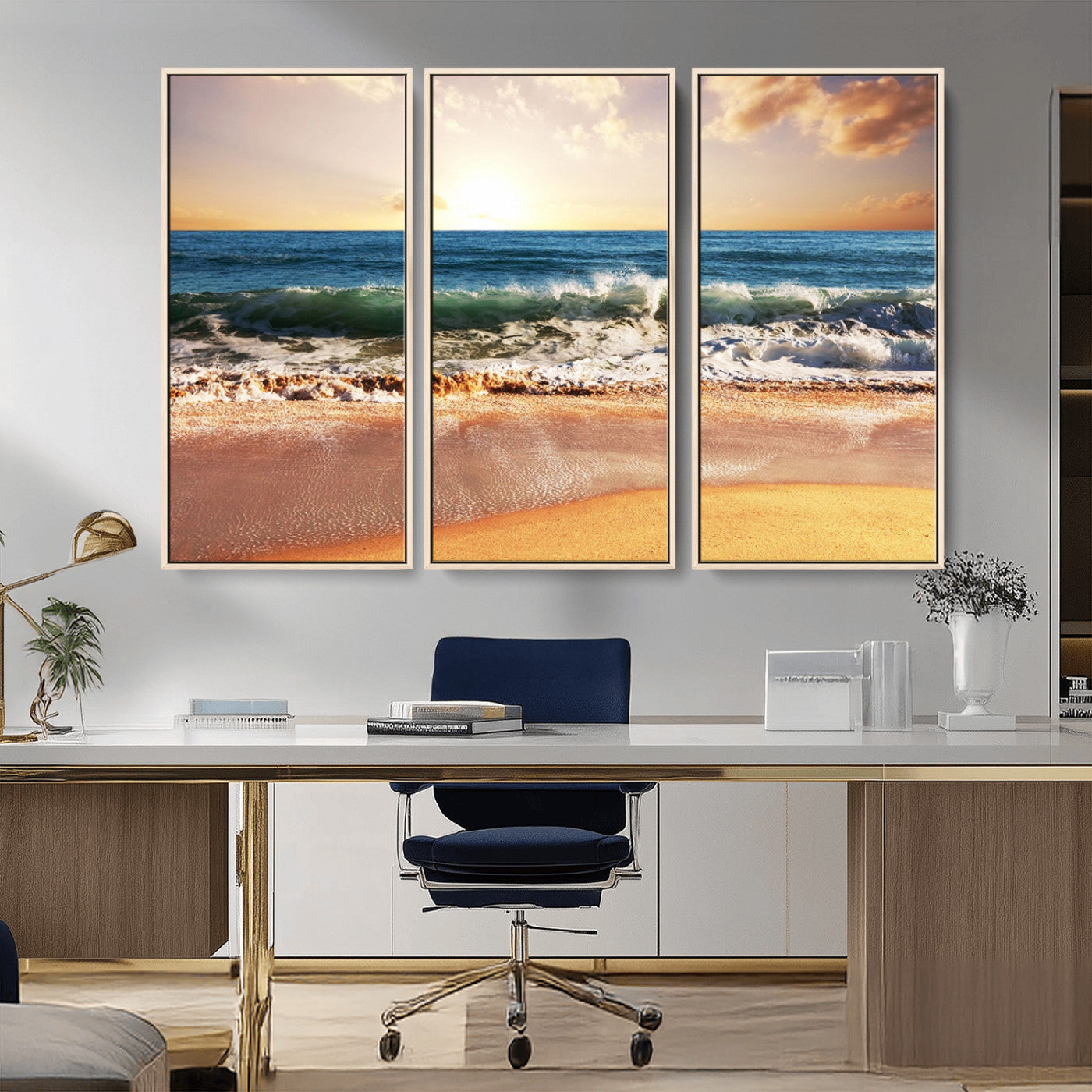 79005-MGV-CV-36X24-Golden Sunrise Ocean Waves Wall Art – Panoramic Seashore Canvas Print, Calming Coastal Decor for Home, Office or Relaxation Space