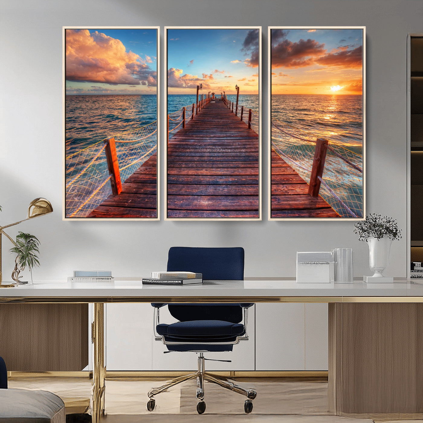 28836-MGV-CV-36X24-Ocean Pier Sunset Wall Art – Wooden Dock and Golden Horizon Canvas Print, Coastal Seascape Photography for Living Room, Bedroom,