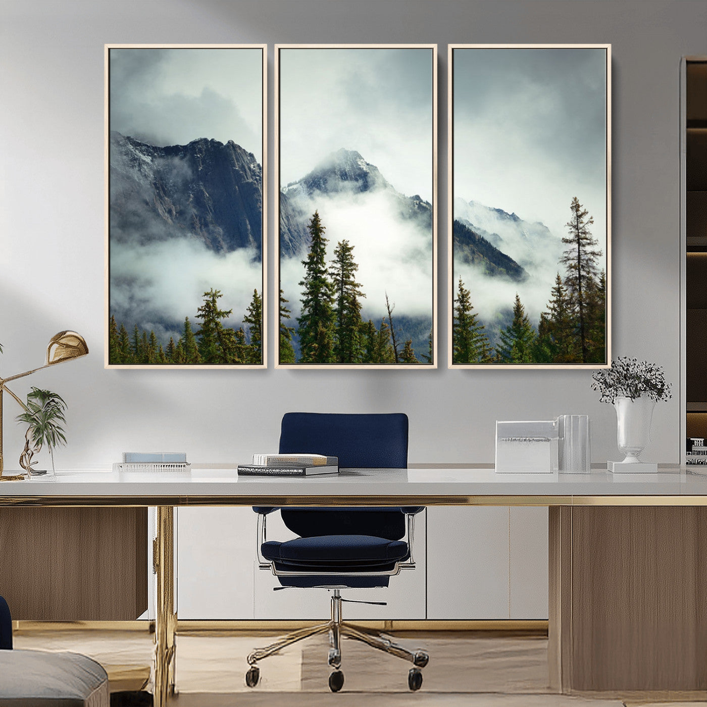 93219-MGV-CV-36X24-Misty Mountain Wall Art – Foggy Pines and Rocky Peaks Canvas Print, Nature Landscape Decor for Living Room, Office or Bedroom