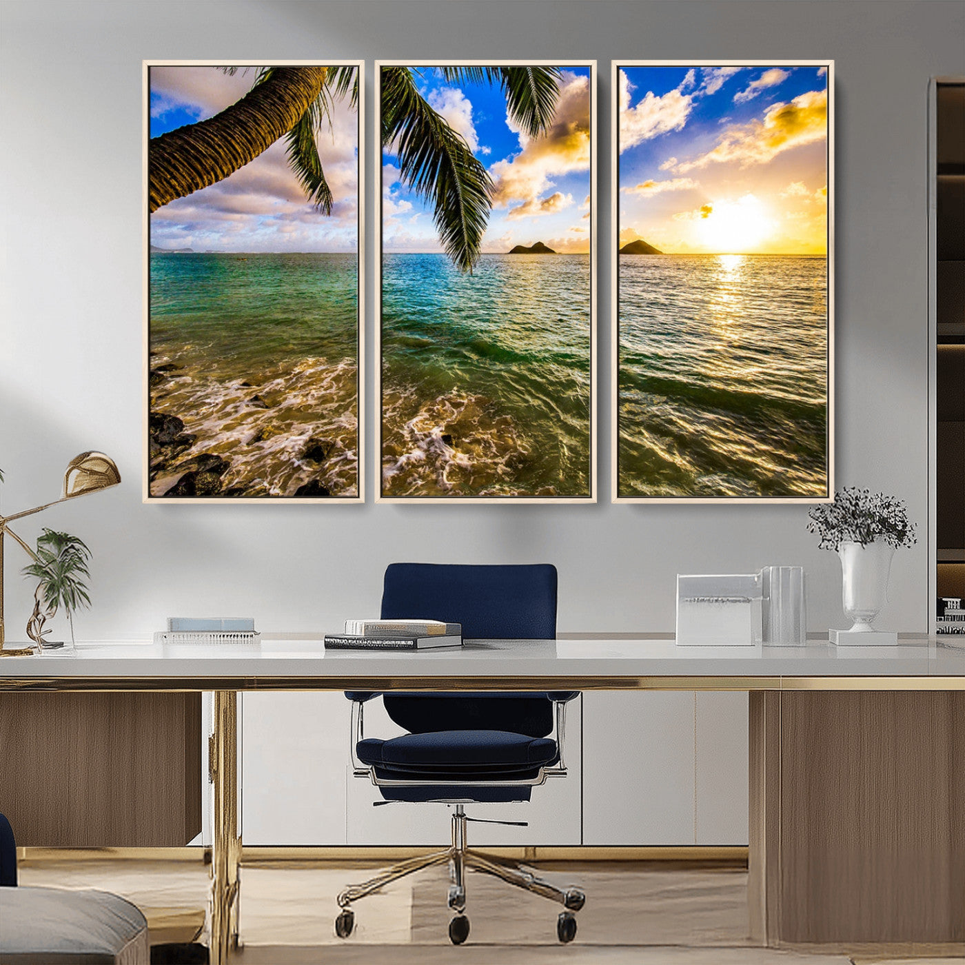 68606-MGV-FC-48X32-3P_Natural-Tropical Palm Tree Ocean Wall Art – Sunset Beach Seascape Print, Coastal Paradise Decor for Living Room or Office