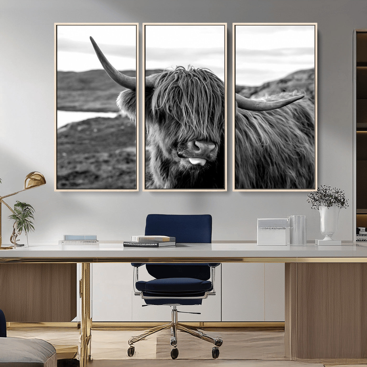 83810-MGV-CV-36X24-Highland Cow Wall Art – Black and White Highland Cattle Print, Rustic Farmhouse Animal Decor for Living Room or Office
