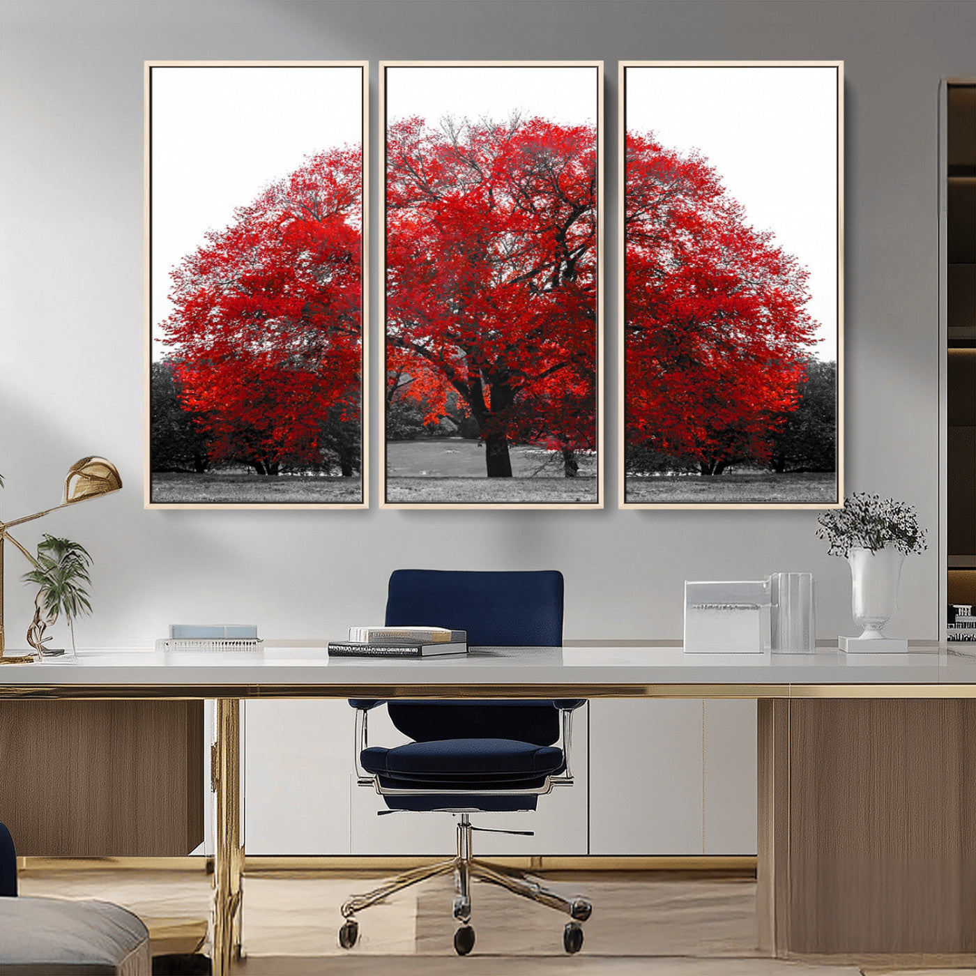 80021-MGV-CV-36X24-Red Tree Wall Art – Striking Black and White Landscape Canvas Print with Vibrant Red Leaves, Modern Nature Decor for Living Room