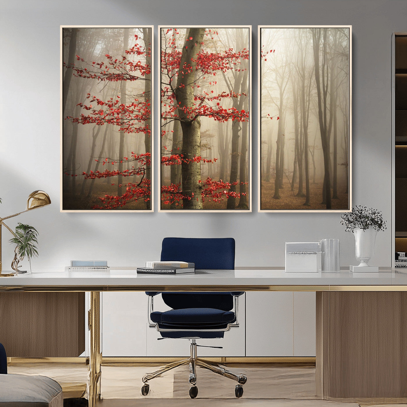 61855-MGV-CV-36X24-Misty Forest Wall Art – Red Tree with Autumn Leaves Canvas Print, Moody Woodland Nature Decor for Living Room, Bedroom, or Office