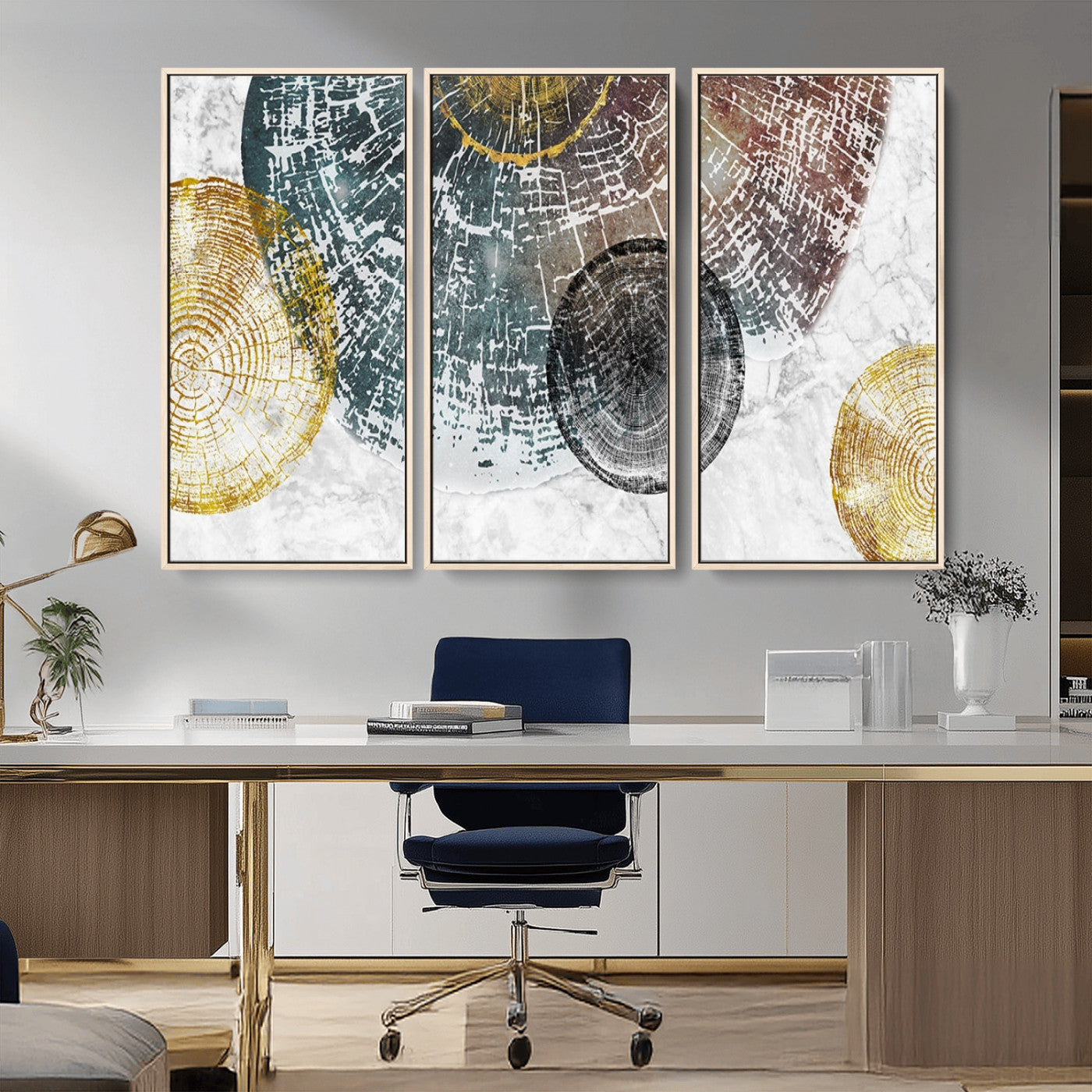 70653-MGV-FC-48X32-3P_Natural-Abstract Tree Ring Wall Art – Modern Rustic Wood Slice Canvas Print with Gold Accents, Contemporary Nature Decor for Living Room,