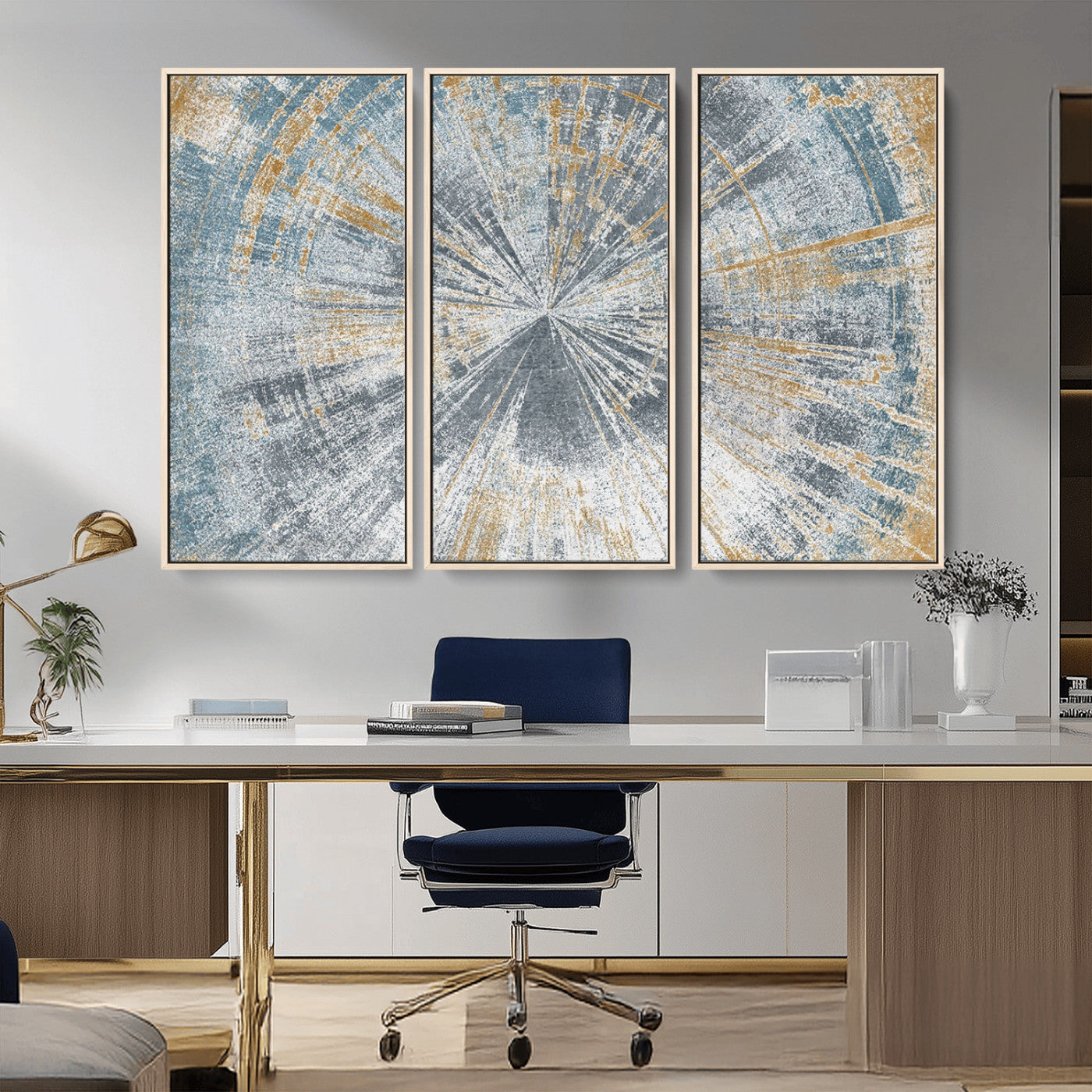 17631-MGV-CV-36X24-Radiant Burst Wall Art – Abstract Sunburst Canvas Print in Blue and Gold, Modern Geometric Painting for Living Room, Office or