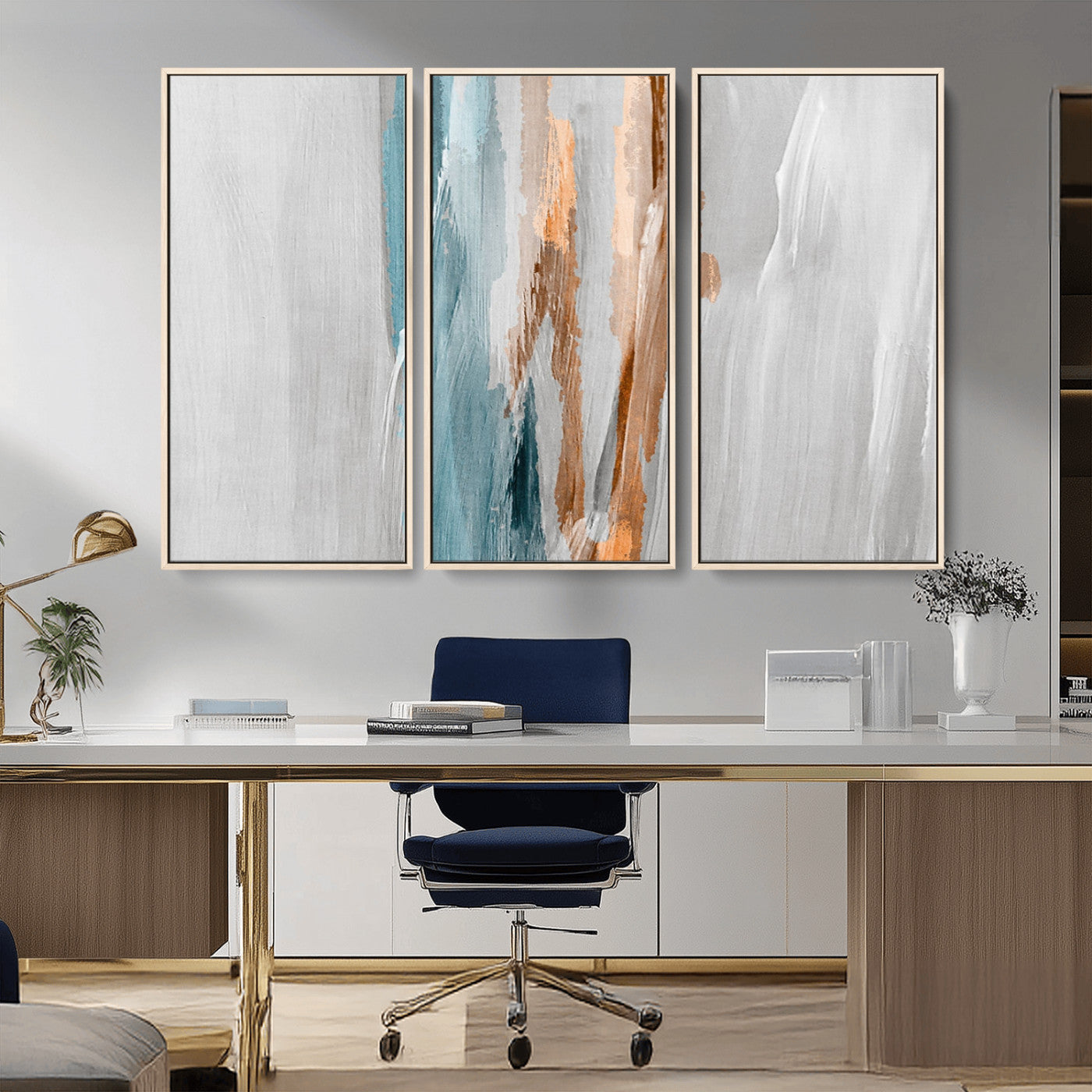 66154-MGV-CV-36X24-Abstract Brushstroke Wall Art – Modern Teal and Gold Canvas Print, Minimalist Contemporary Painting for Living Room, Bedroom, or