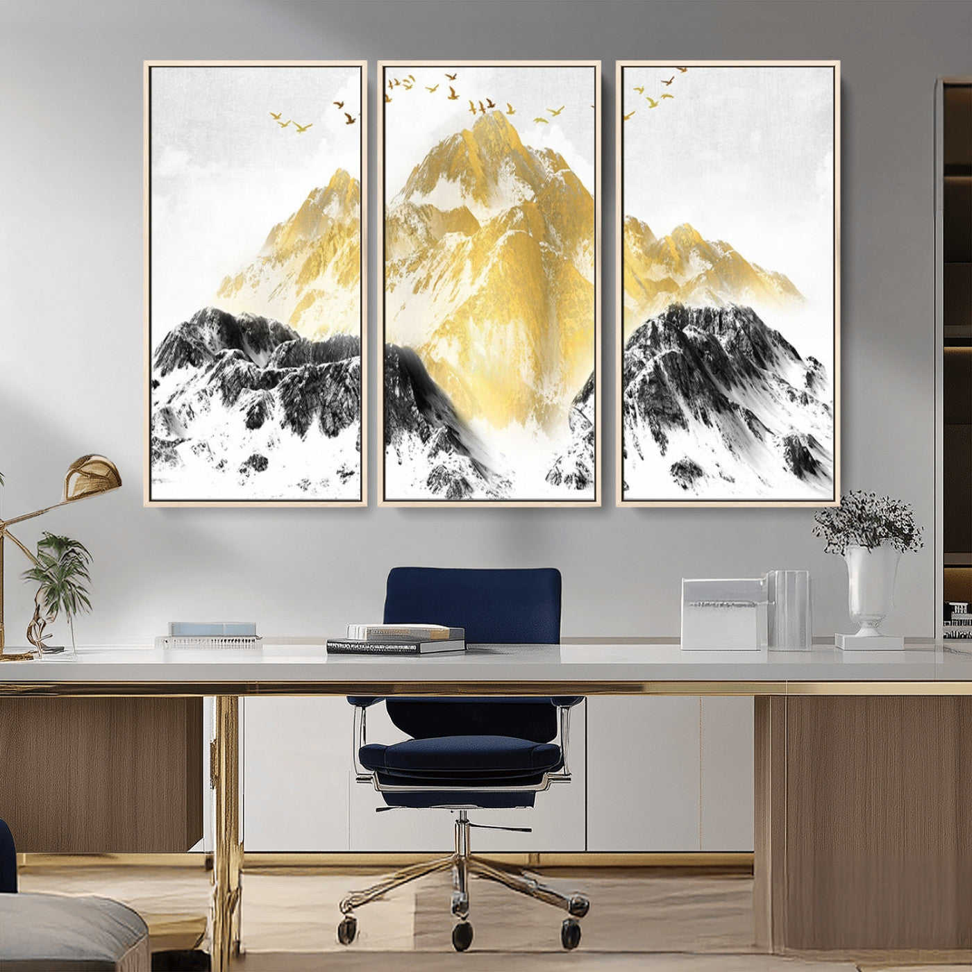 37733-MGV-CV-36X24-Golden Mountain Wall Art – Modern Abstract Landscape Canvas Print with Birds, Luxury Nature Decor for Living Room, Bedroom, or
