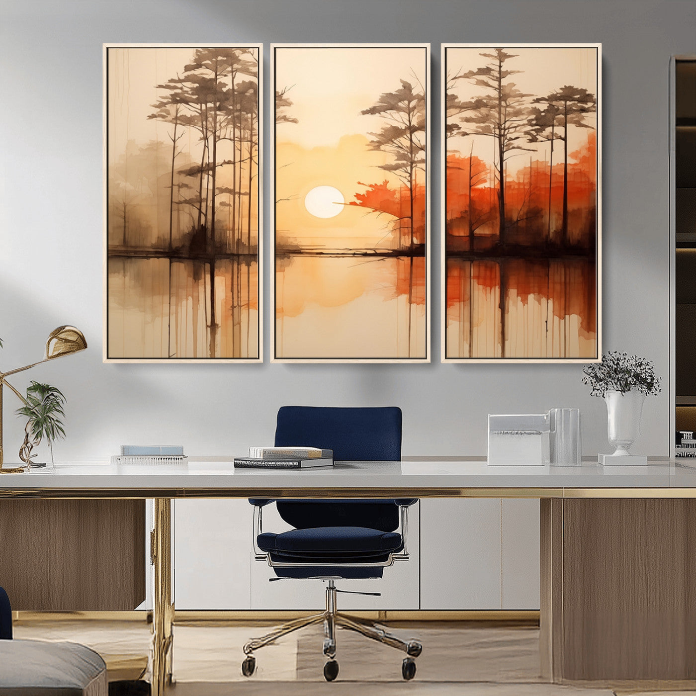 51083-MGV-FC-48X32-3P_Natural-Sunset Lake Forest Wall Art – Serene Trees and Orange Sky Reflection Canvas Print, Tranquil Nature Decor for Living Room, Office