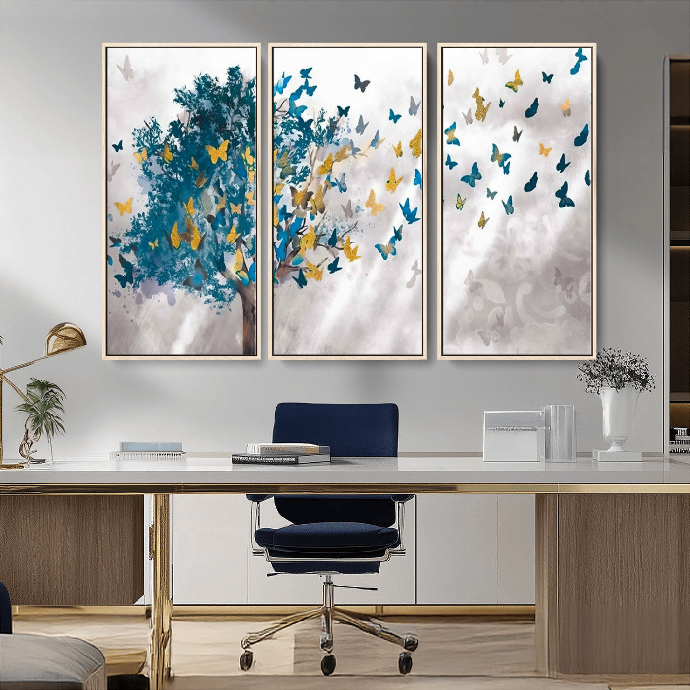 37564-MGV-CV-36X24-Butterfly Tree Wall Art – Modern Nature Canvas Print with Blue and Golden Butterflies, Elegant Decorative Painting for Living Room