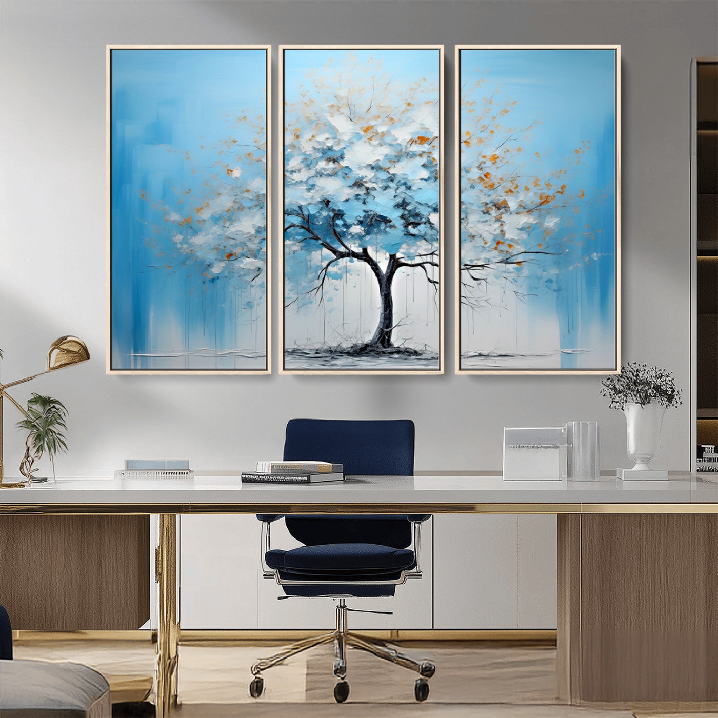 25021-MGV-CV-36X24-Abstract Tree Wall Art – Blue and White Canvas Painting with Gold Accents, Modern Nature-Inspired Artwork for Living Room, Bedroom