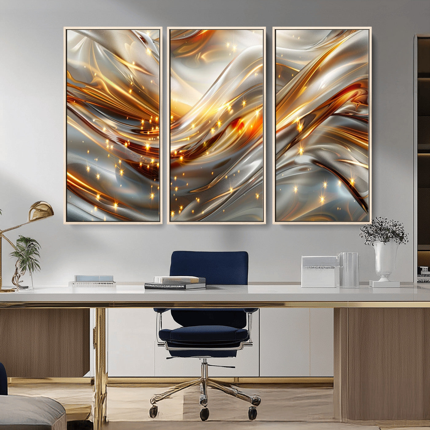 Lines1-MGV-CV-36X24-Abstract Metallic Wall Art – Silver and Gold Wave Canvas Print with Sparkling Accents, Modern Luxury Decor for Living Room, Office