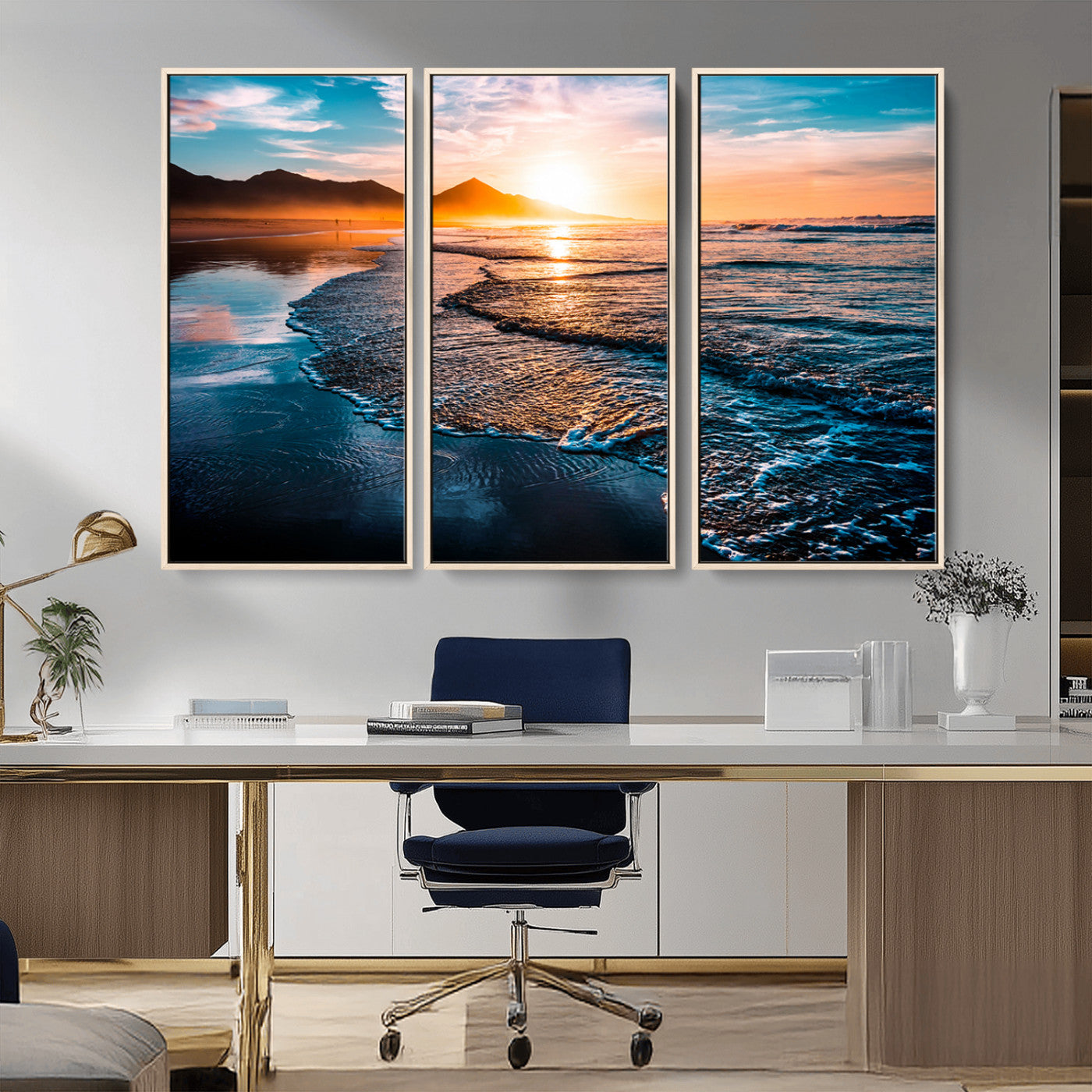 26494-MGV-CV-36X24-Ocean Sunset Wall Art – Scenic Beach Canvas Print with Waves and Mountains, Coastal Seascape Photography for Living Room, Bedroom