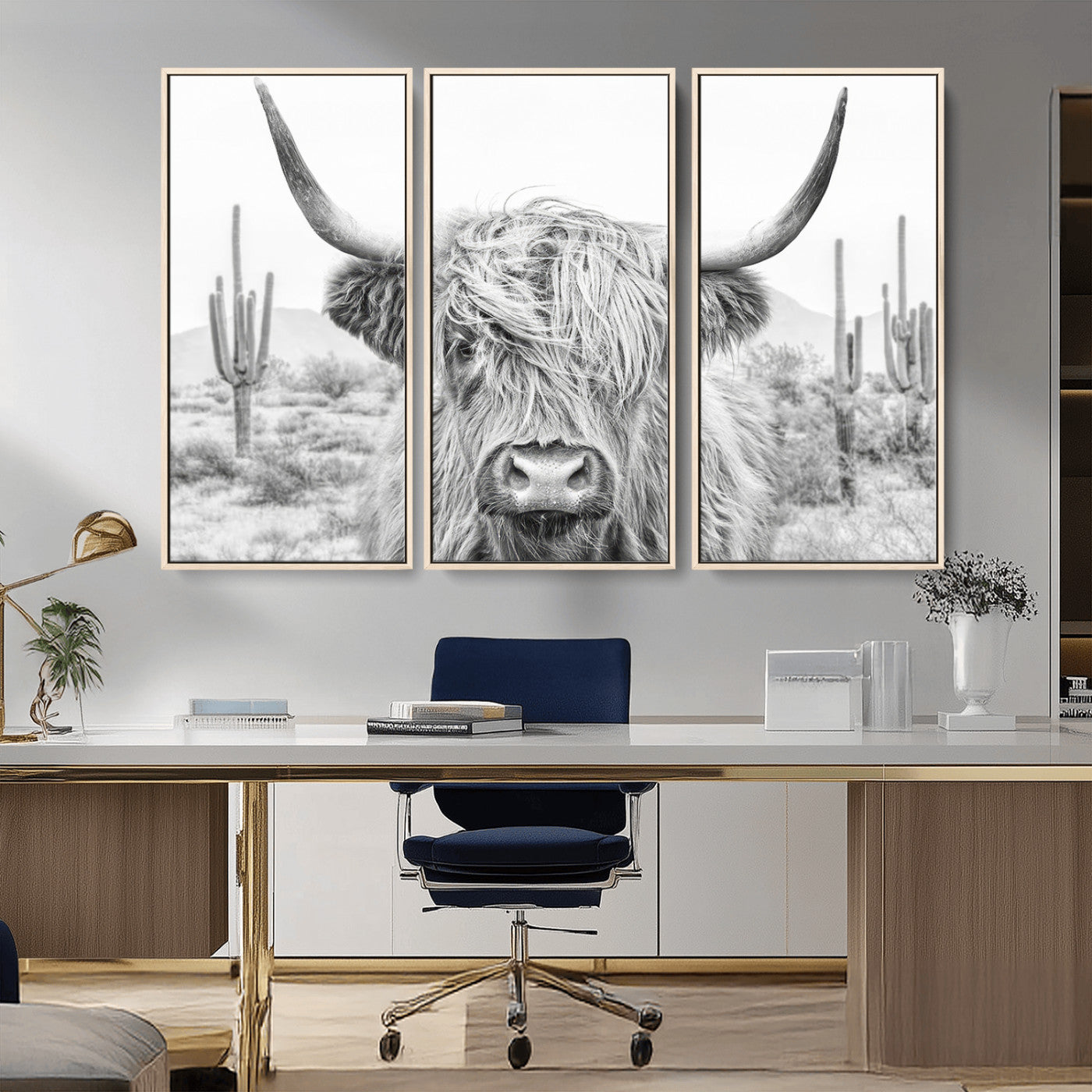 94579-MGV-FC-48X32-3P_Natural-Highland Cow Wall Art – Black and White Longhorn Canvas Print, Rustic Western Farmhouse Animal Photography for Living Room,
