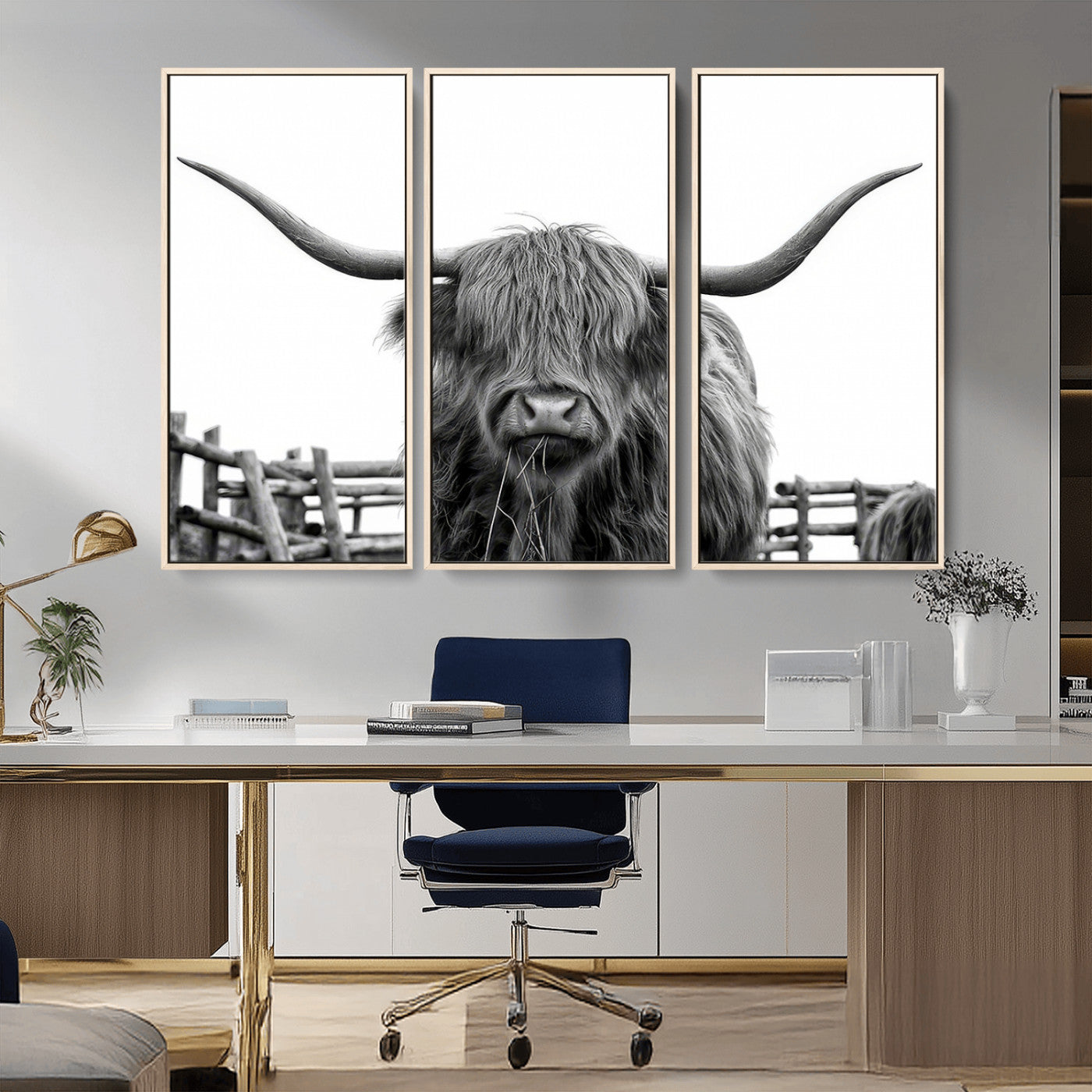 58188-MGV-CV-36X24-Highland Cow Wall Art – Black and White Rustic Farmhouse Canvas Print, Longhorn Cattle Photography Decor for Living Room or