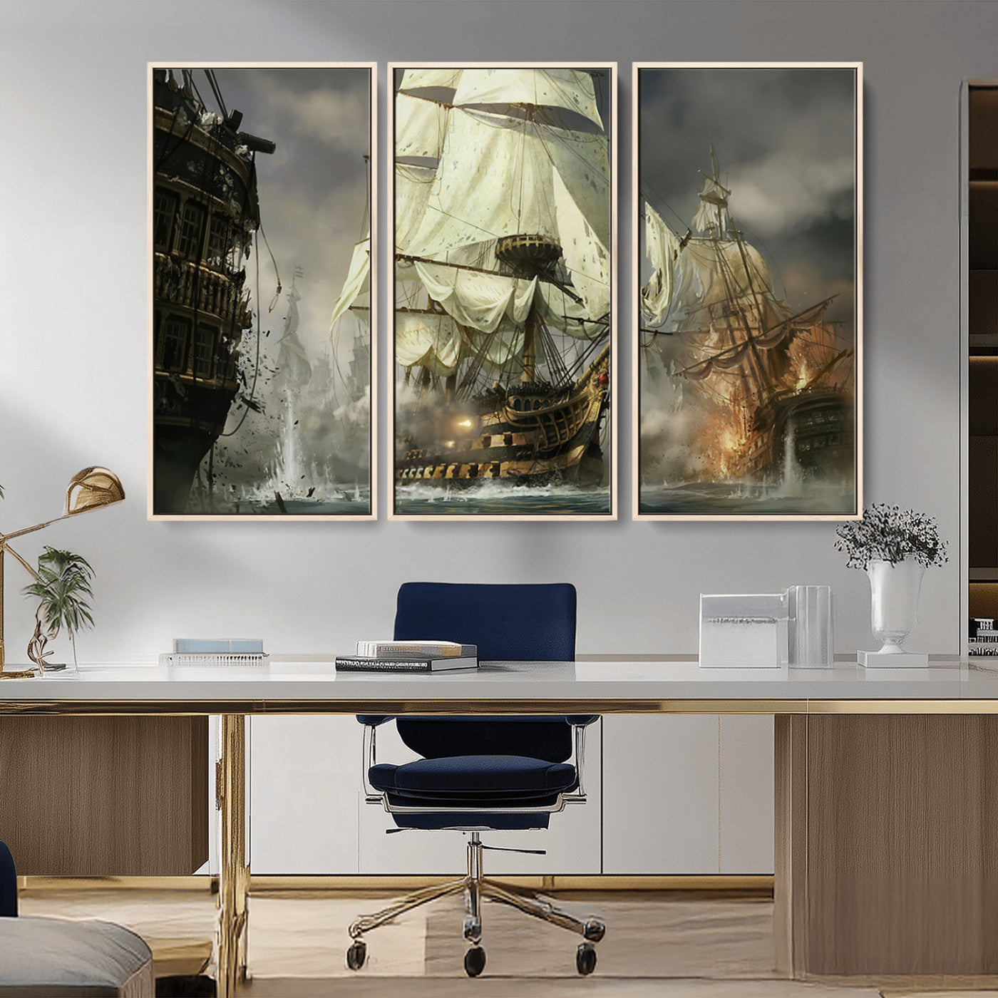 26512-MGV-CV-36X24-Naval Battle Wall Art – Dramatic Tall Ship Canvas Print, Historic Pirate Sailing War Scene, Nautical Decor for Office, Study or