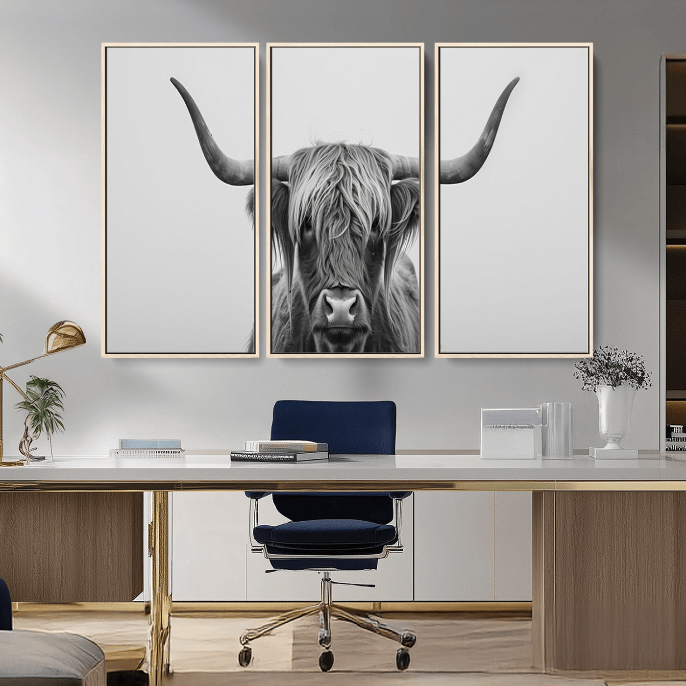 35820-MGV-CV-36X24-Minimalist Highland Cow Wall Art – Black and White Longhorn Cattle Canvas Print, Modern Farmhouse Animal Photography Decor for