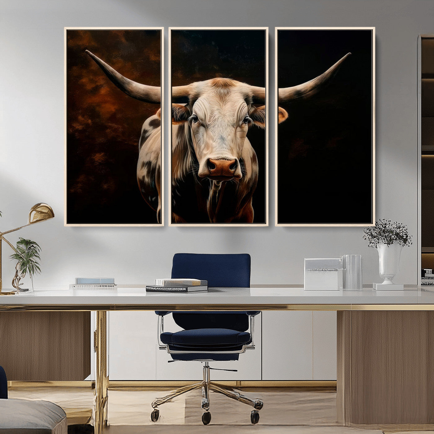 70522-MGV-FC-48X32-3P_Natural-Longhorn Bull Wall Art – Striking Canvas Print of Majestic Bull, Premium Animal Decor for Home, Office, Man Cave, or Living Room