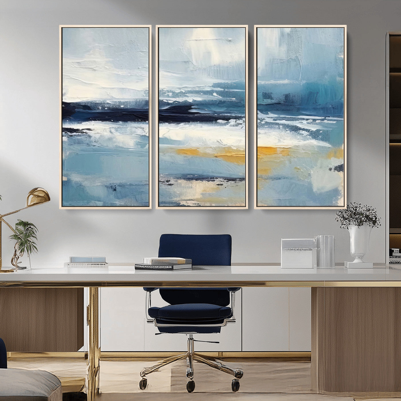 19746-MGV-CV-36X24-Abstract Ocean Wall Art – Modern Coastal Canvas Print with Blue, White and Gold Textures, Contemporary Seascape Painting for