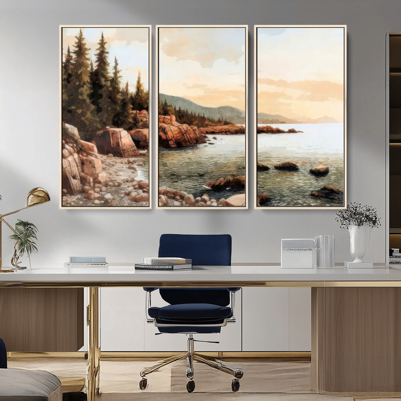 77145-MGV-CV-36X24-Coastal Landscape Wall Art – Panoramic Rocky Shoreline and Pine Trees Canvas Print, Rustic Nature Decor for Cabin, Lodge, Office,