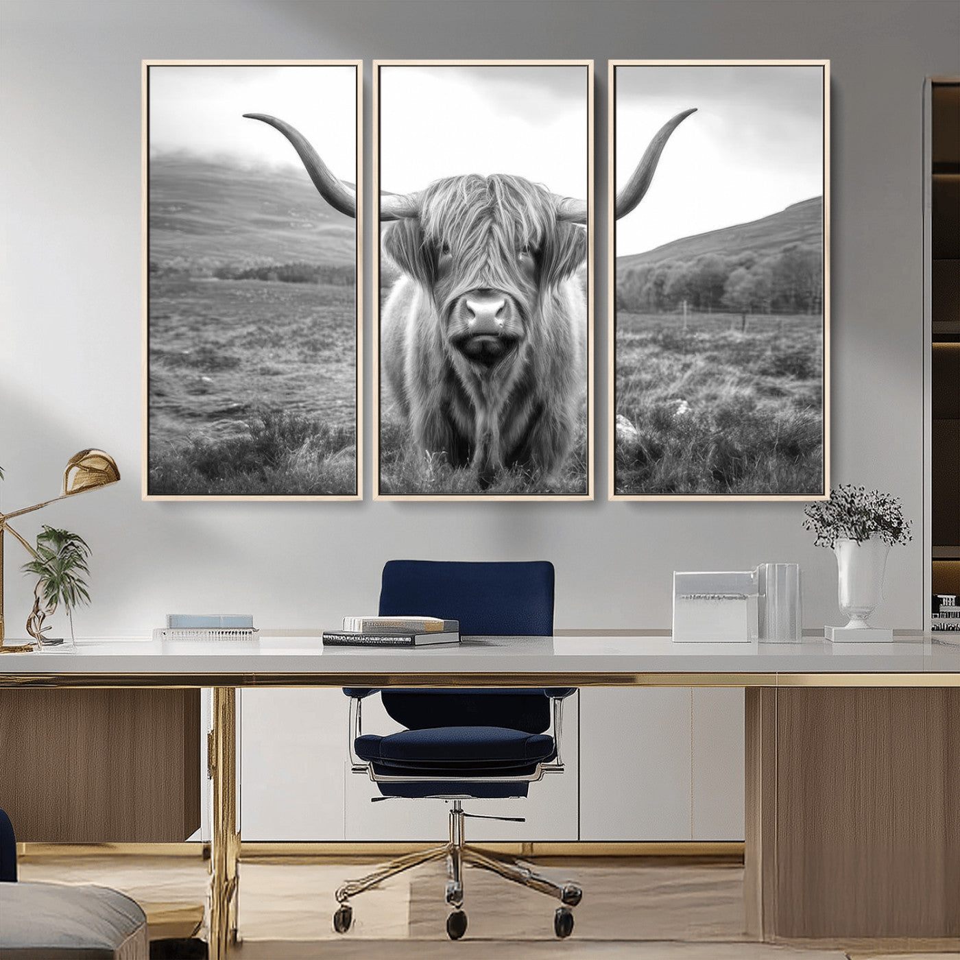 52903-MGV-CV-36X24-Highland Cow Wall Art – Black and White Canvas Print Rustic Cattle Portrait, Farmhouse Country Decor for Living Room, Office,