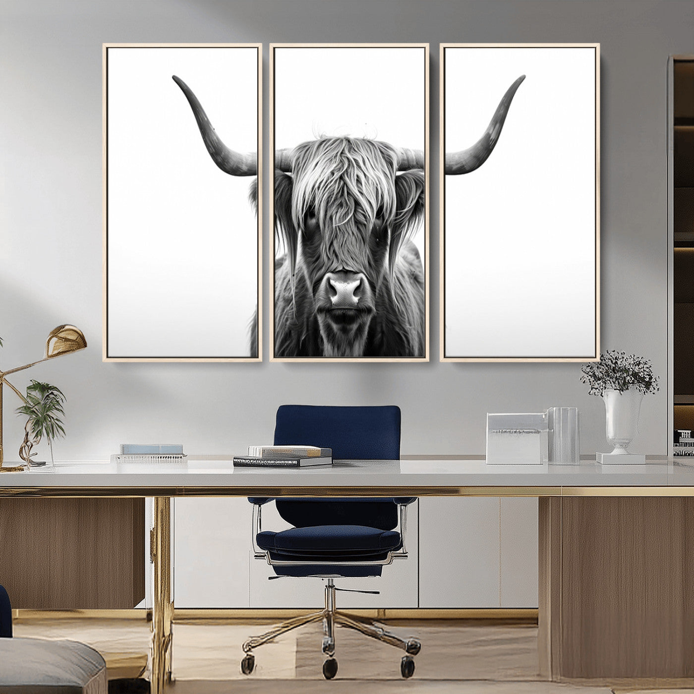 49556-MGV-CV-36X24-Highland Cow Wall Art – Black and White Scottish Highland Cattle Print, Rustic Farmhouse Minimalist Animal Portrait Canvas for