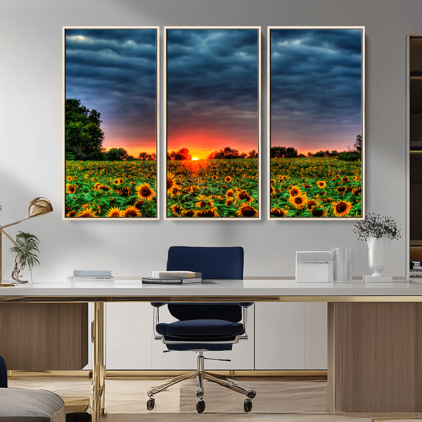 45045-MGV-CV-36X24-Sunflower Field Sunset Wall Art – Dramatic Stormy Sky Landscape Print, Vibrant Yellow Floral Nature Canvas for Living Room,