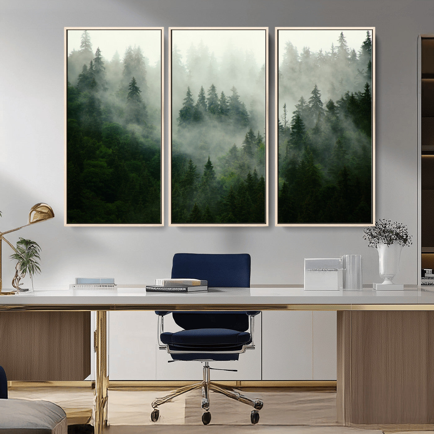 167720496-MGV-FC-48X32-3P_Natural-Misty Forest Wall Art – Serene Evergreen Trees Canvas Print, Foggy Mountain Nature Landscape Decor for Bedroom, Living Room or