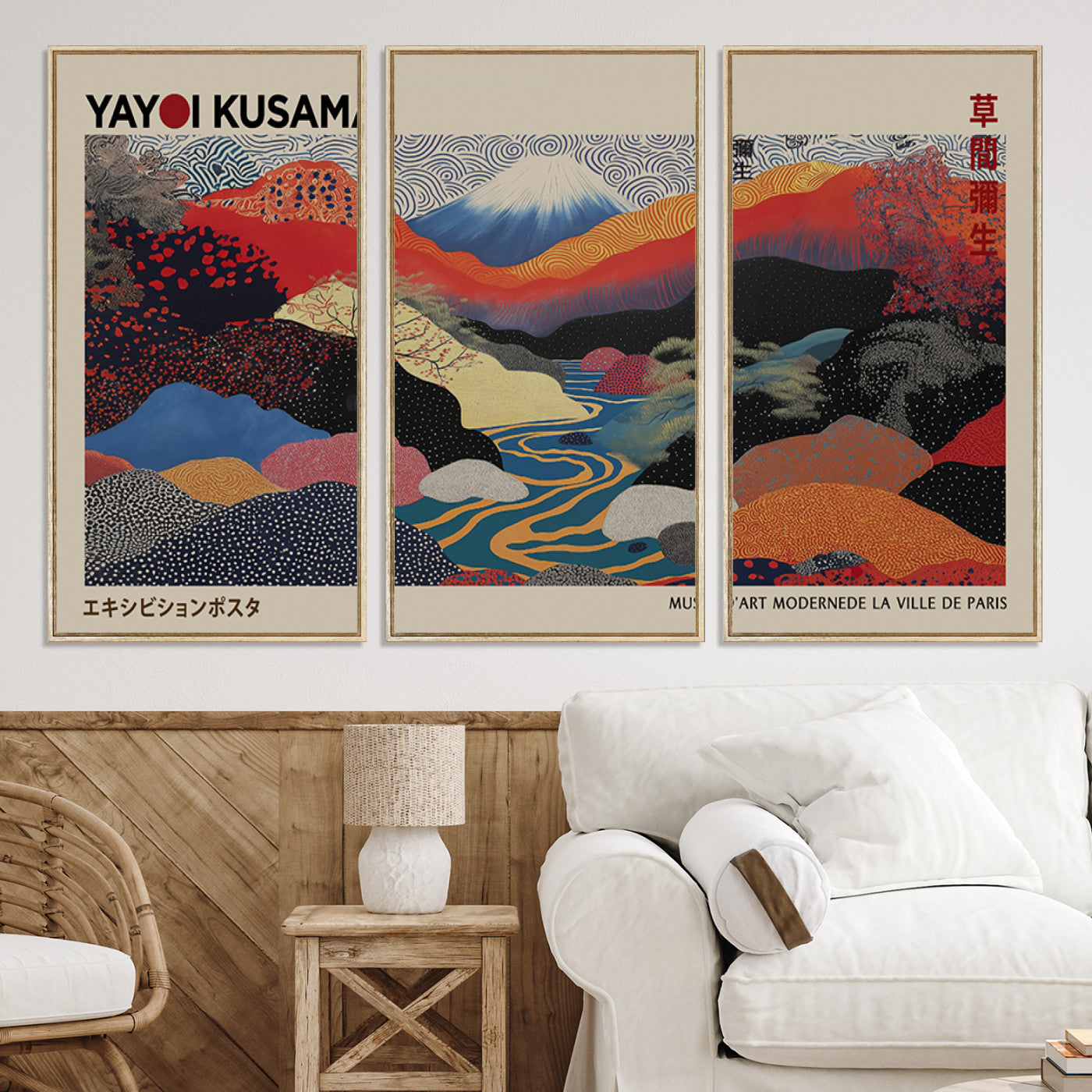 49228-MGV-FC-93X47-3P_Black-Kusama Wall Art – Vibrant Japanese Landscape Canvas Print, Modern Abstract Mountain and River Decor for Living Room, Office or Art