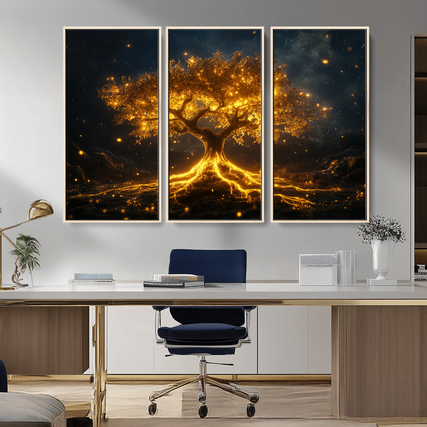 60194-MGV-CV-36X24-Glowing Tree Wall Art – Golden Roots Fantasy Canvas Print, Mystical Illuminated Tree Painting Poster for Living Room, Bedroom,