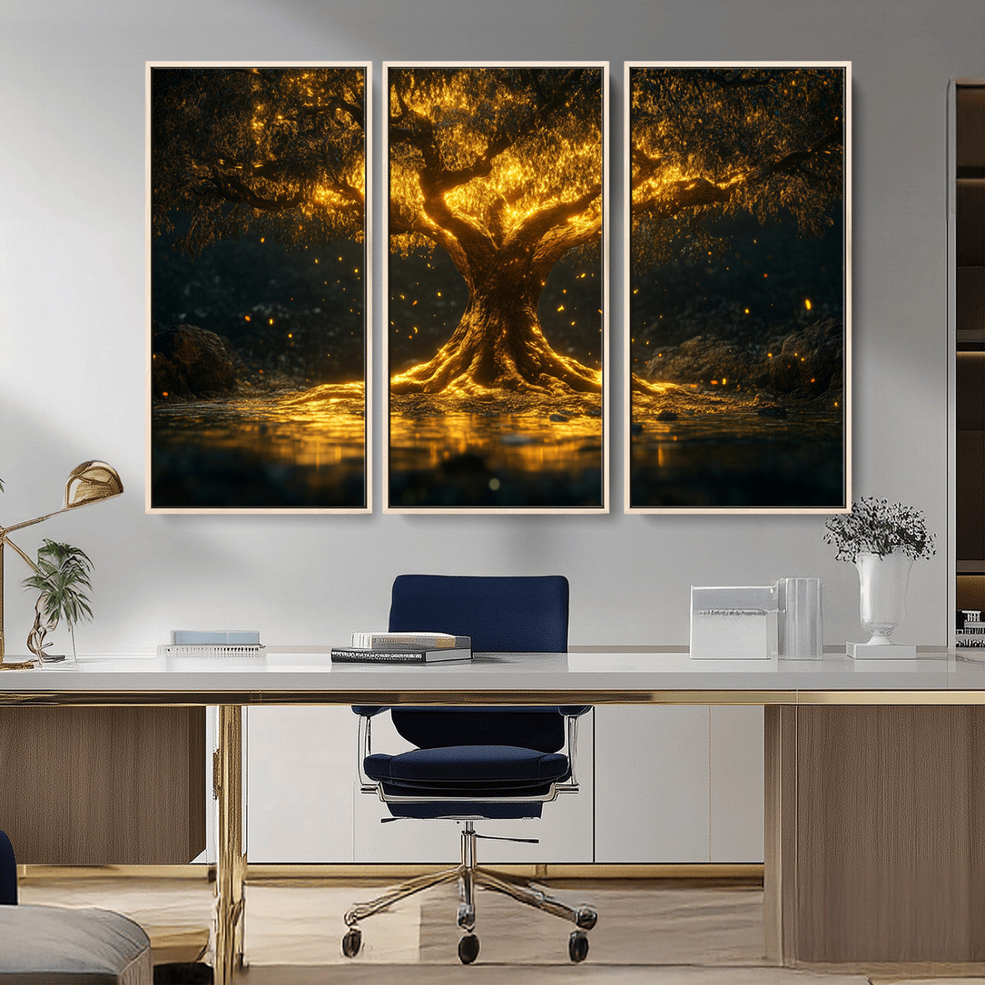 59580-MGV-CV-36X24-Glowing Tree Wall Art – Golden Fantasy Nature Canvas Print, Mystical Illuminated Tree Painting Poster for Living Room, Bedroom,