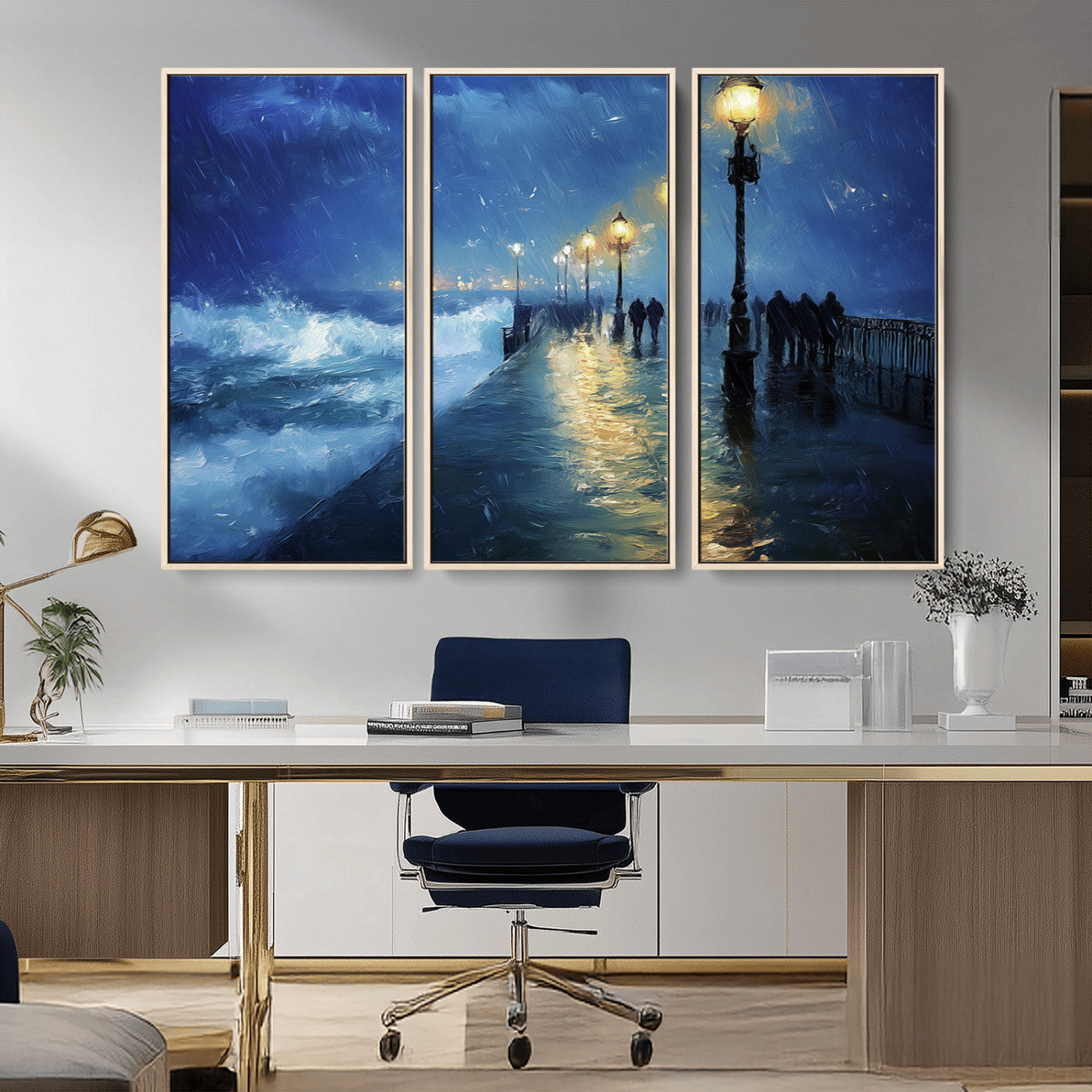76572-MGV-CV-36X24-Stormy Night Pier Wall Art – Ocean Waves and Street Lamps Canvas Print, Rainy Seascape Oil Painting Poster for Living Room,