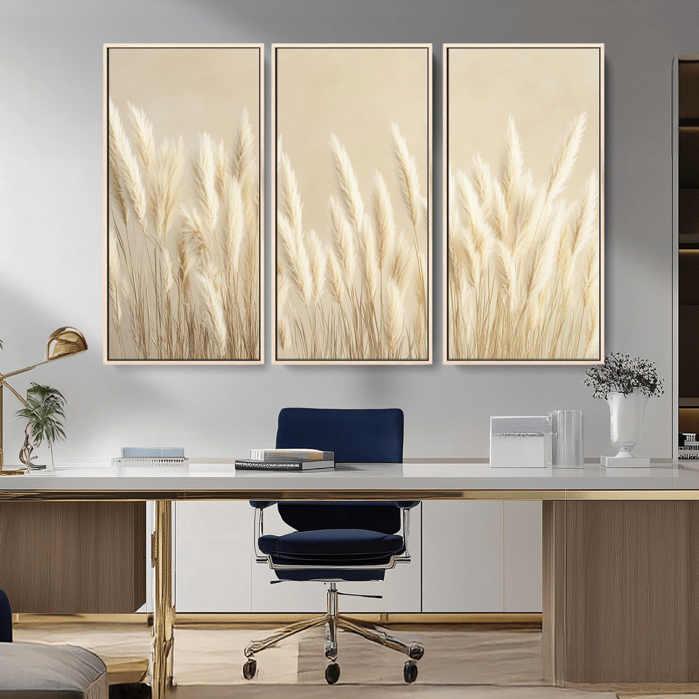81444-MGV-CV-36X24-Pampas Grass Wall Art Canvas Print, Framed Beige Pampas Grass Art Picture Print, Minimalist Beige Perfect Minimalist Nature Decor
